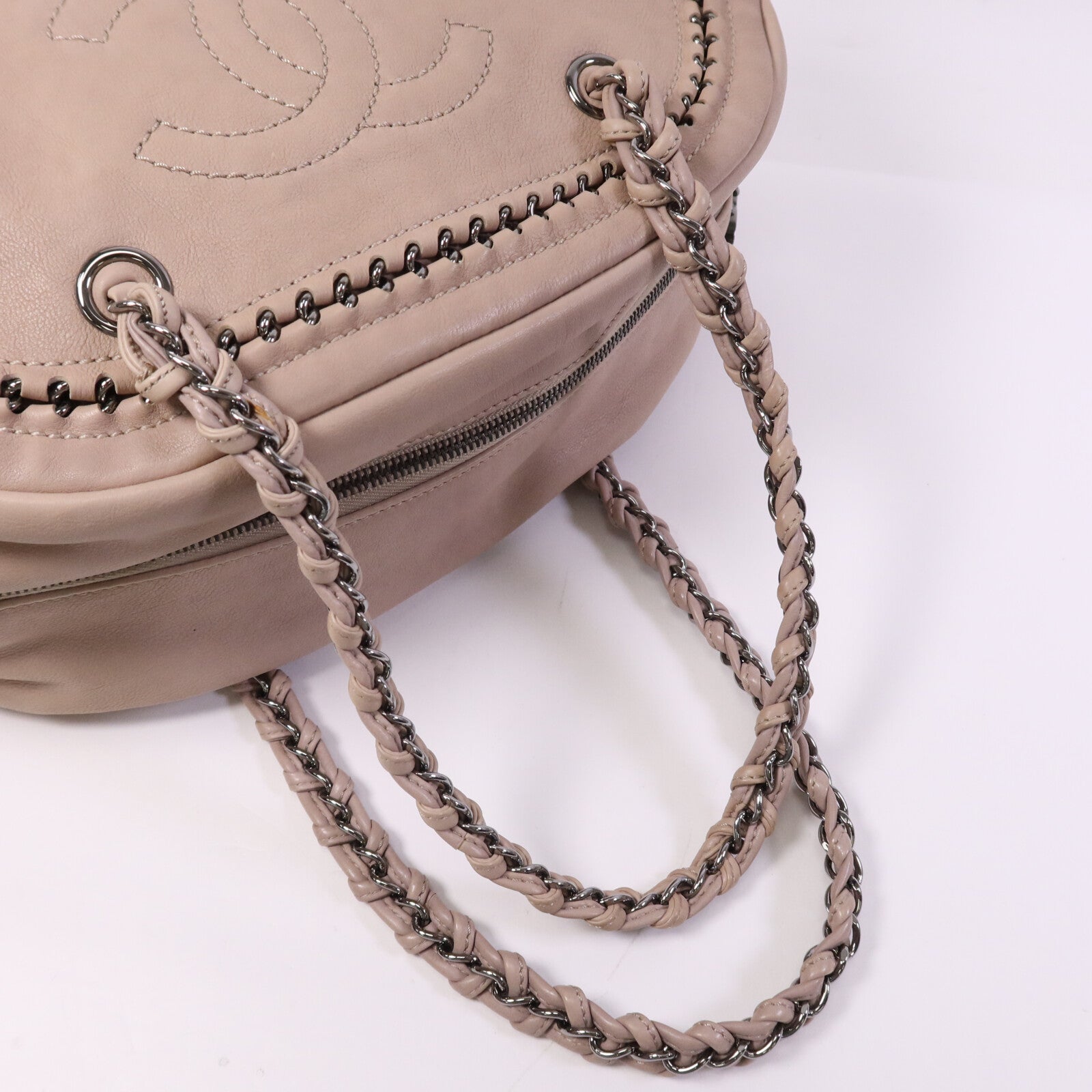 CHANEL 牛皮皮革Boston Bag銀扣鏈帶手挽袋