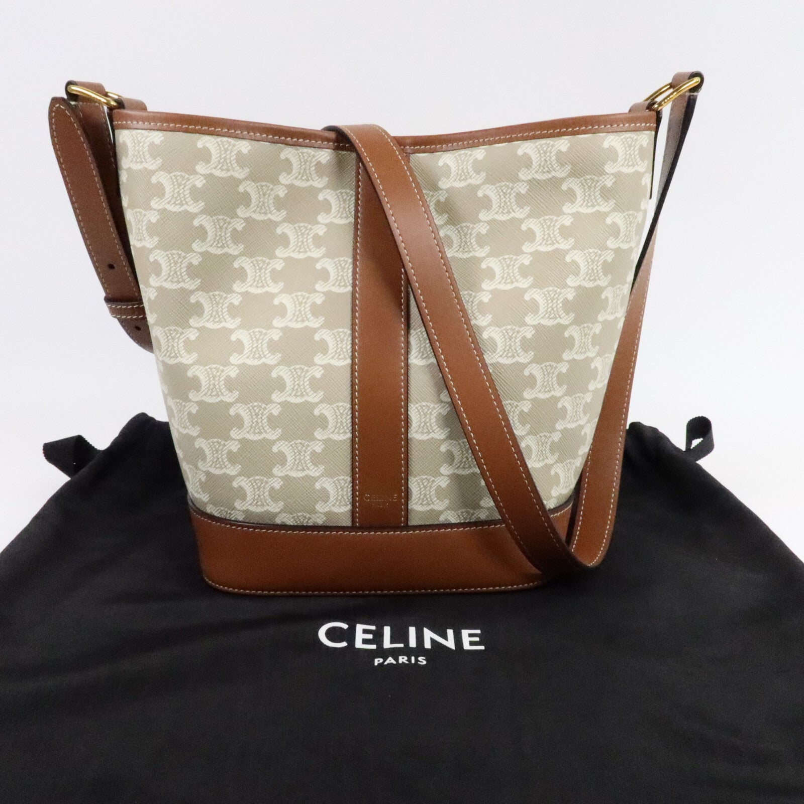 CELINE 塗層帆布/牛皮皮革Triomphe Bucket Bag Small肩背袋