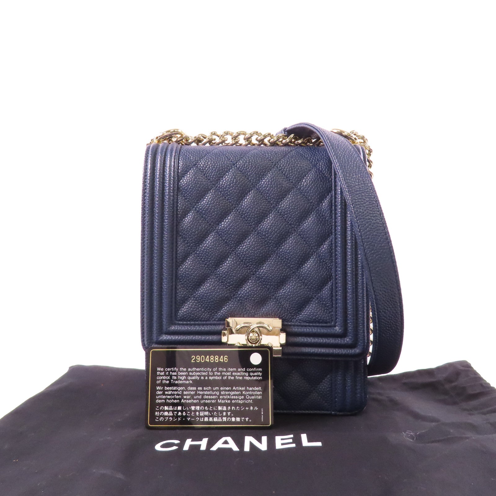 CHANEL CC GHW North South Boy Shoulder Bag Calfskin Leather Navy