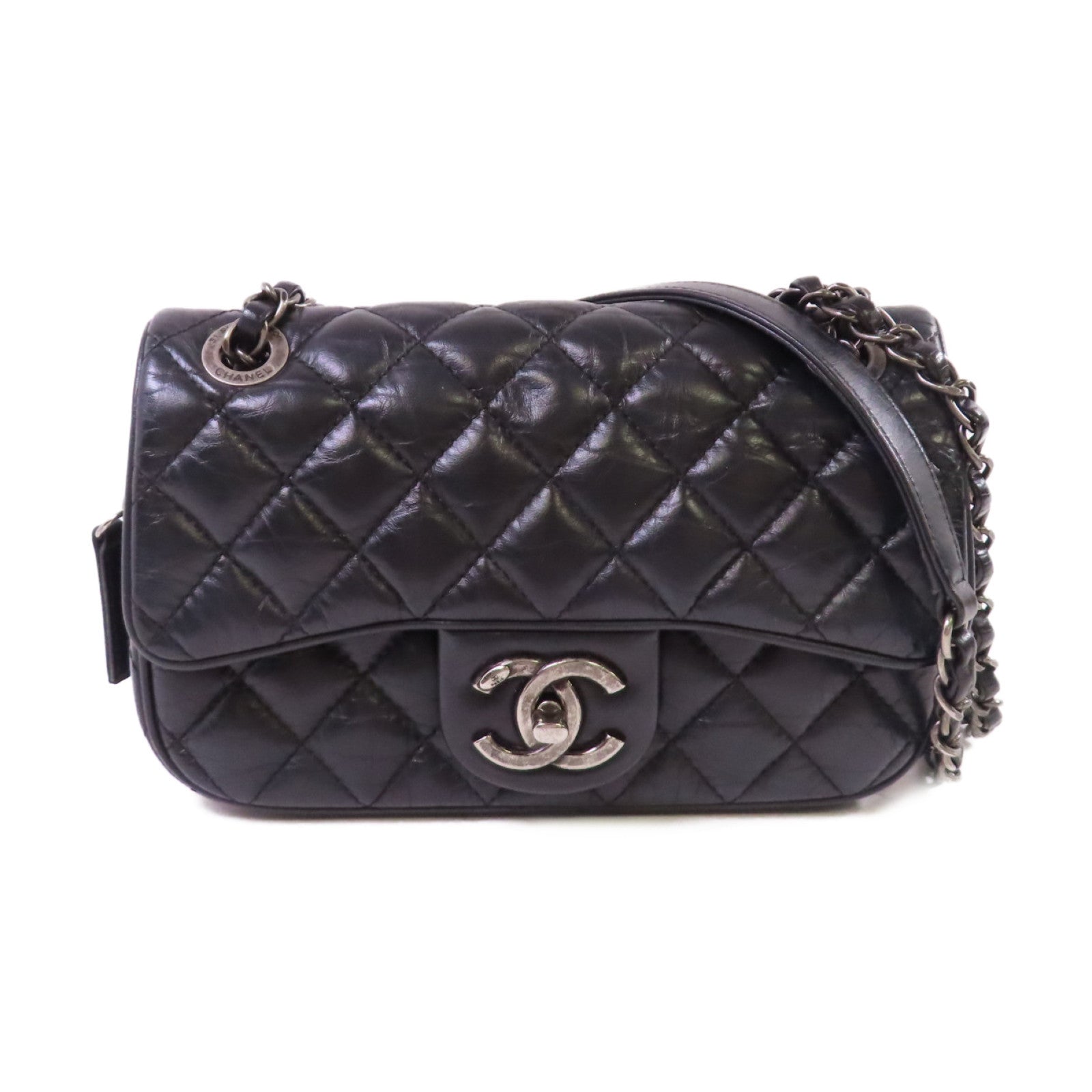 CHANEL 菱格牛皮皮革Chain Shoulder Bag銀扣鏈帶肩背袋黑色