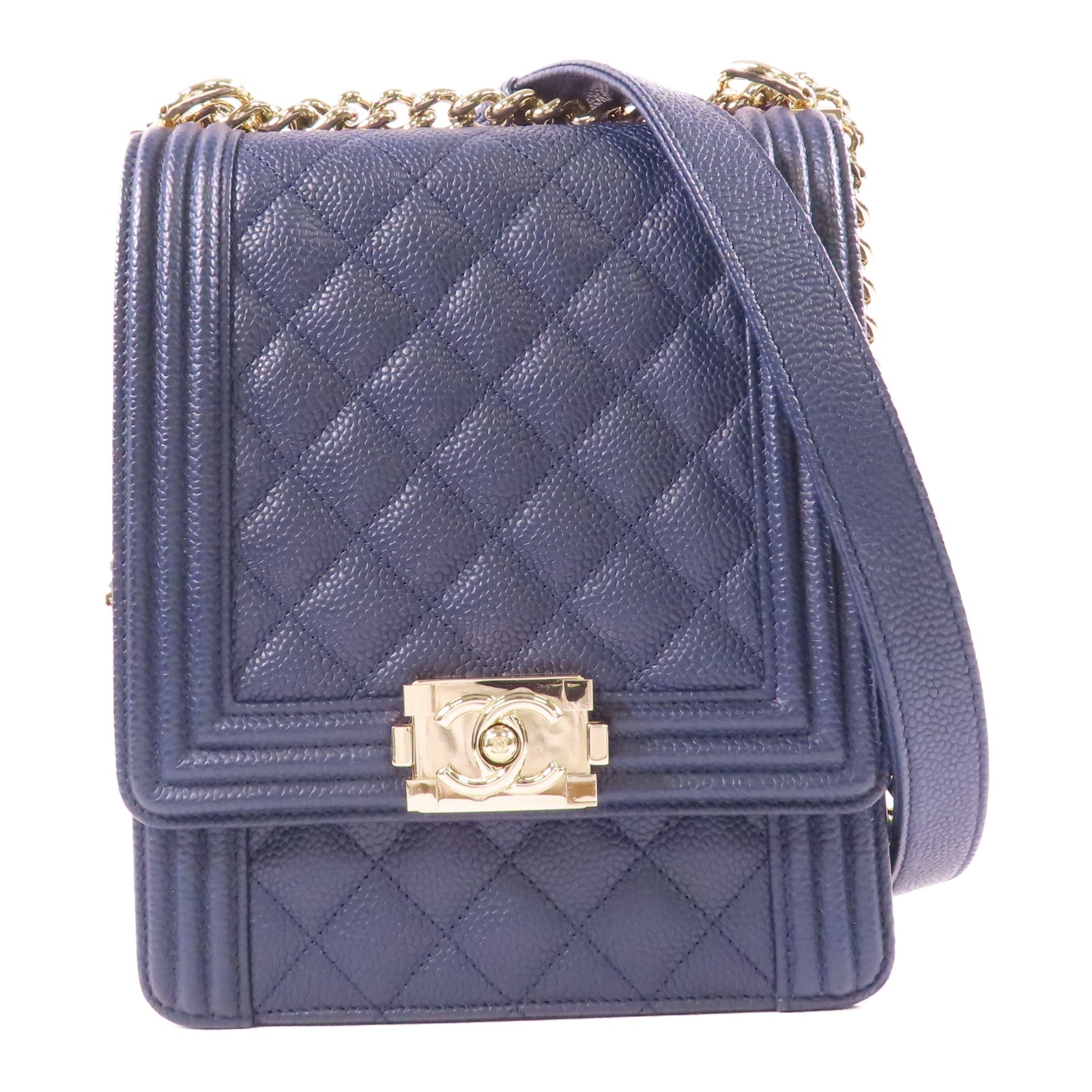 CHANEL CC GHW North South Boy Shoulder Bag Calfskin Leather Navy