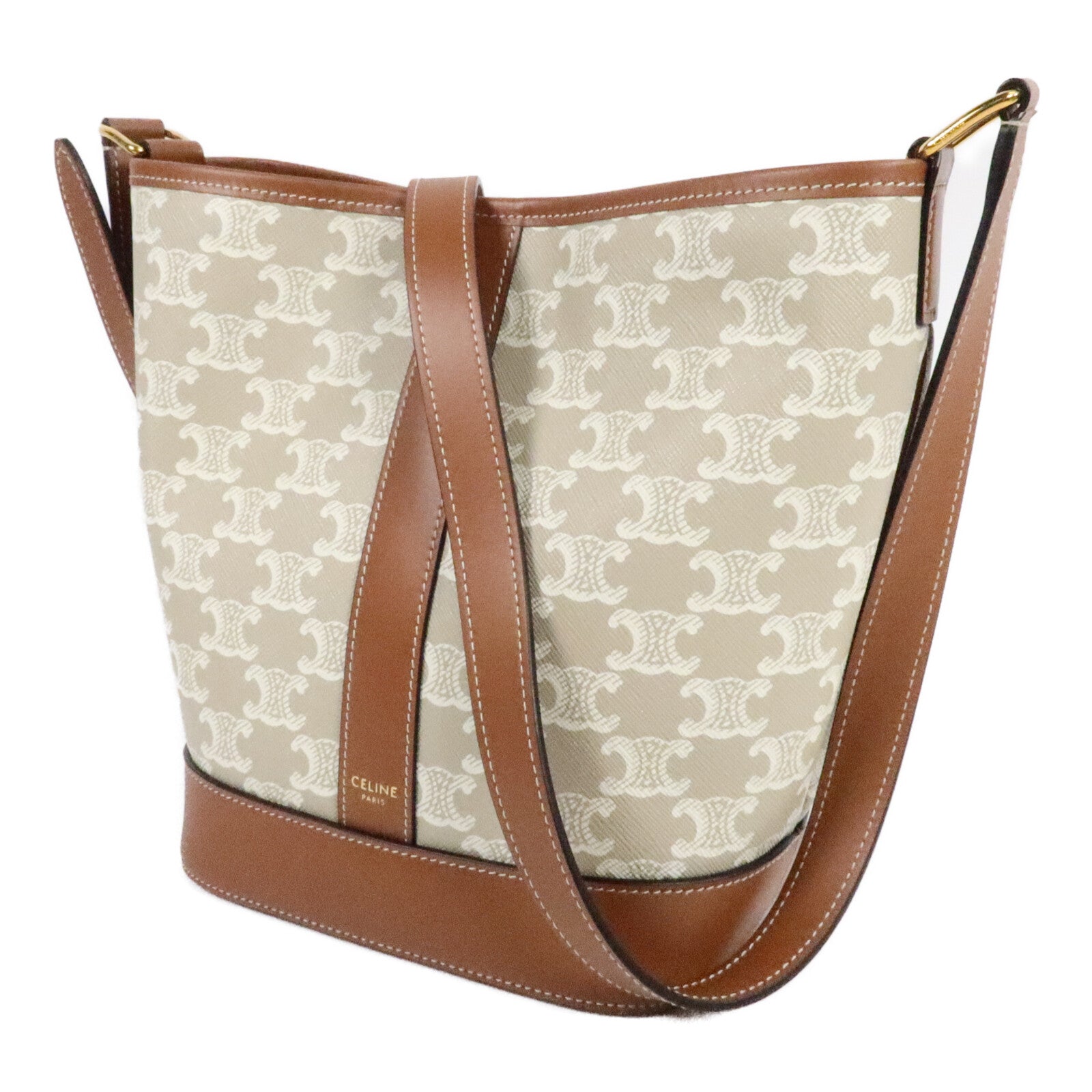 CELINE 塗層帆布/牛皮皮革Triomphe Bucket Bag Small肩背袋