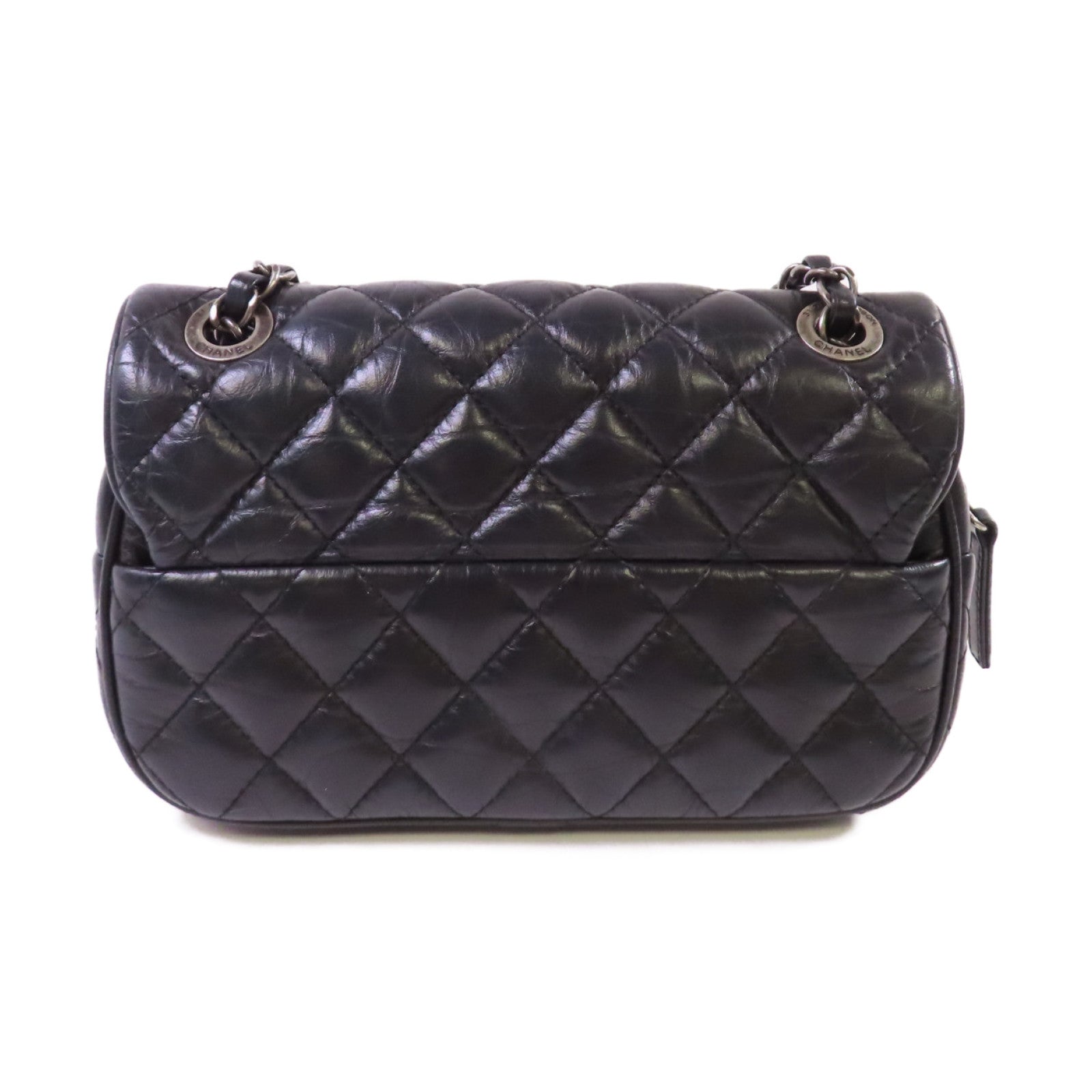 CHANEL 菱格牛皮皮革Chain Shoulder Bag銀扣鏈帶肩背袋黑色