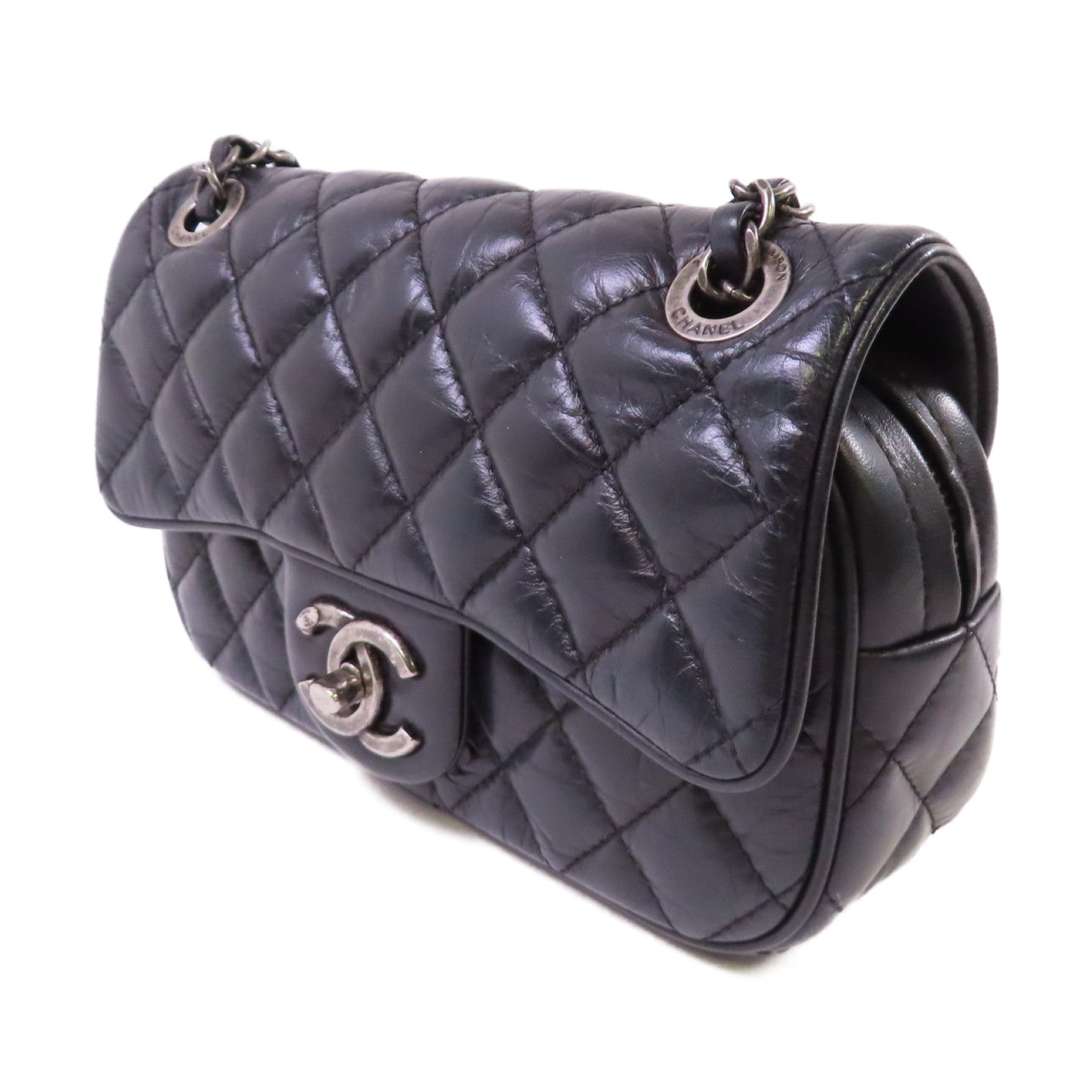 CHANEL 菱格牛皮皮革Chain Shoulder Bag銀扣鏈帶肩背袋黑色