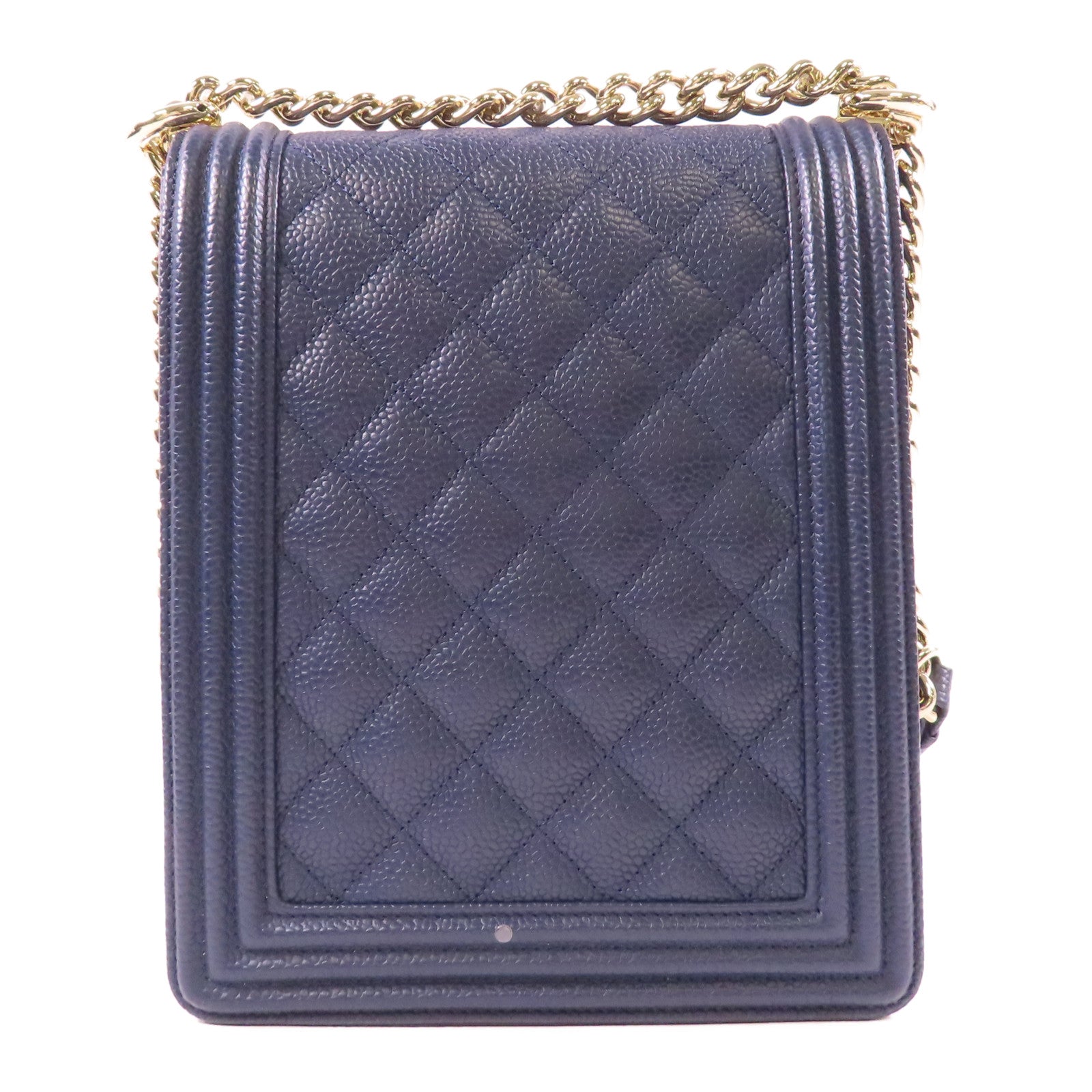 CHANEL CC GHW North South Boy Shoulder Bag Calfskin Leather Navy