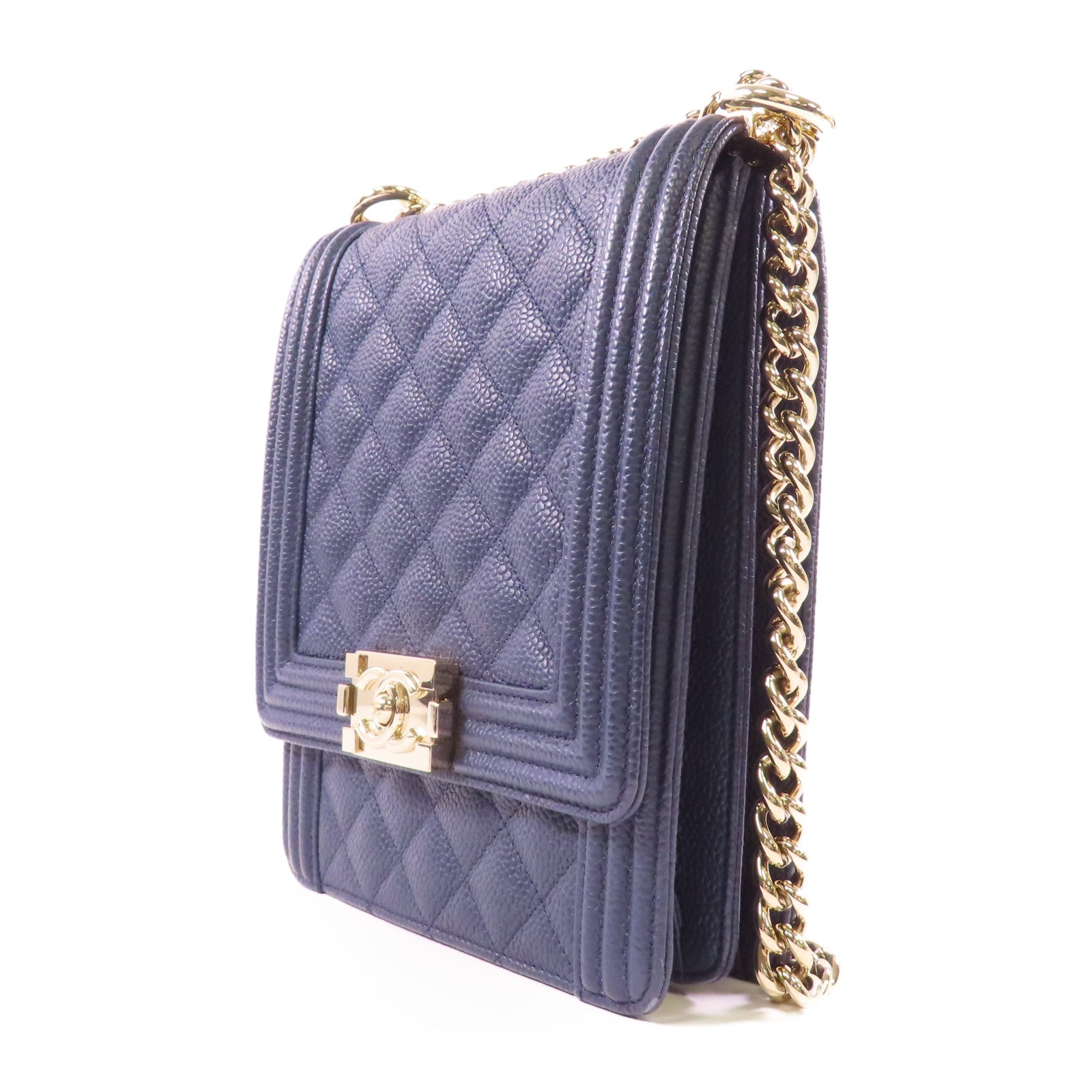 CHANEL CC GHW North South Boy Shoulder Bag Calfskin Leather Navy
