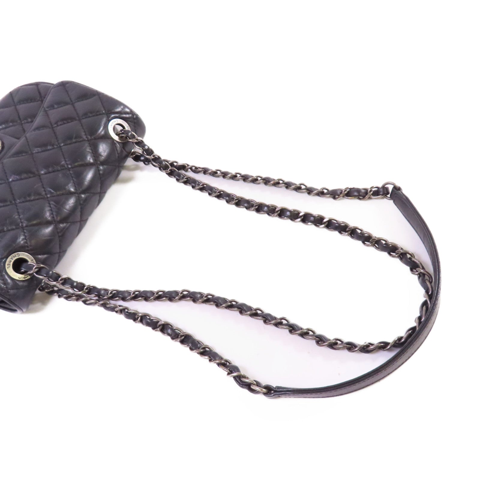 CHANEL 菱格牛皮皮革Chain Shoulder Bag銀扣鏈帶肩背袋黑色