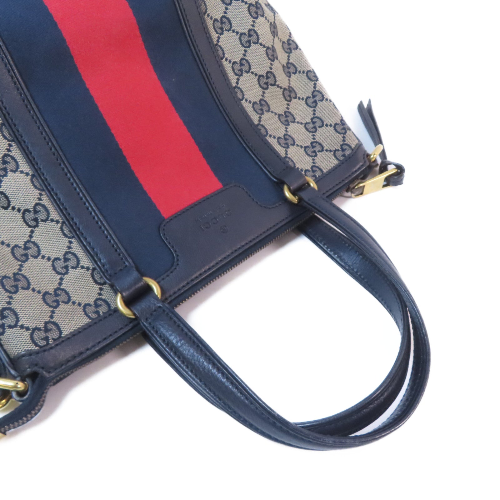 GUCCI 帆布Boston Bag金扣手挽肩背兩用袋啡色/深藍色
