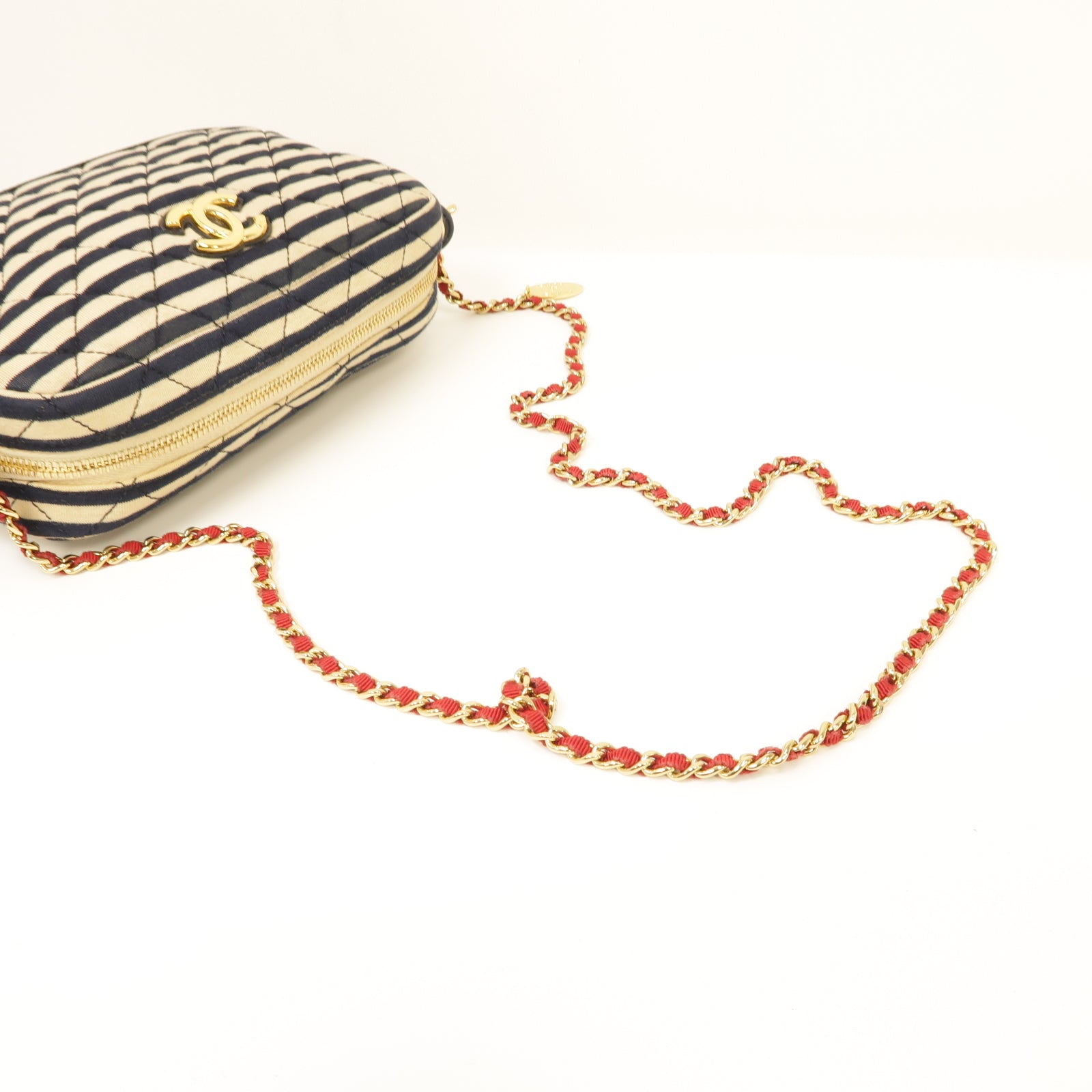 CHANEL 【激減優惠】帆布Chain Shoulder Bag金扣鏈帶肩背袋深藍色/米色