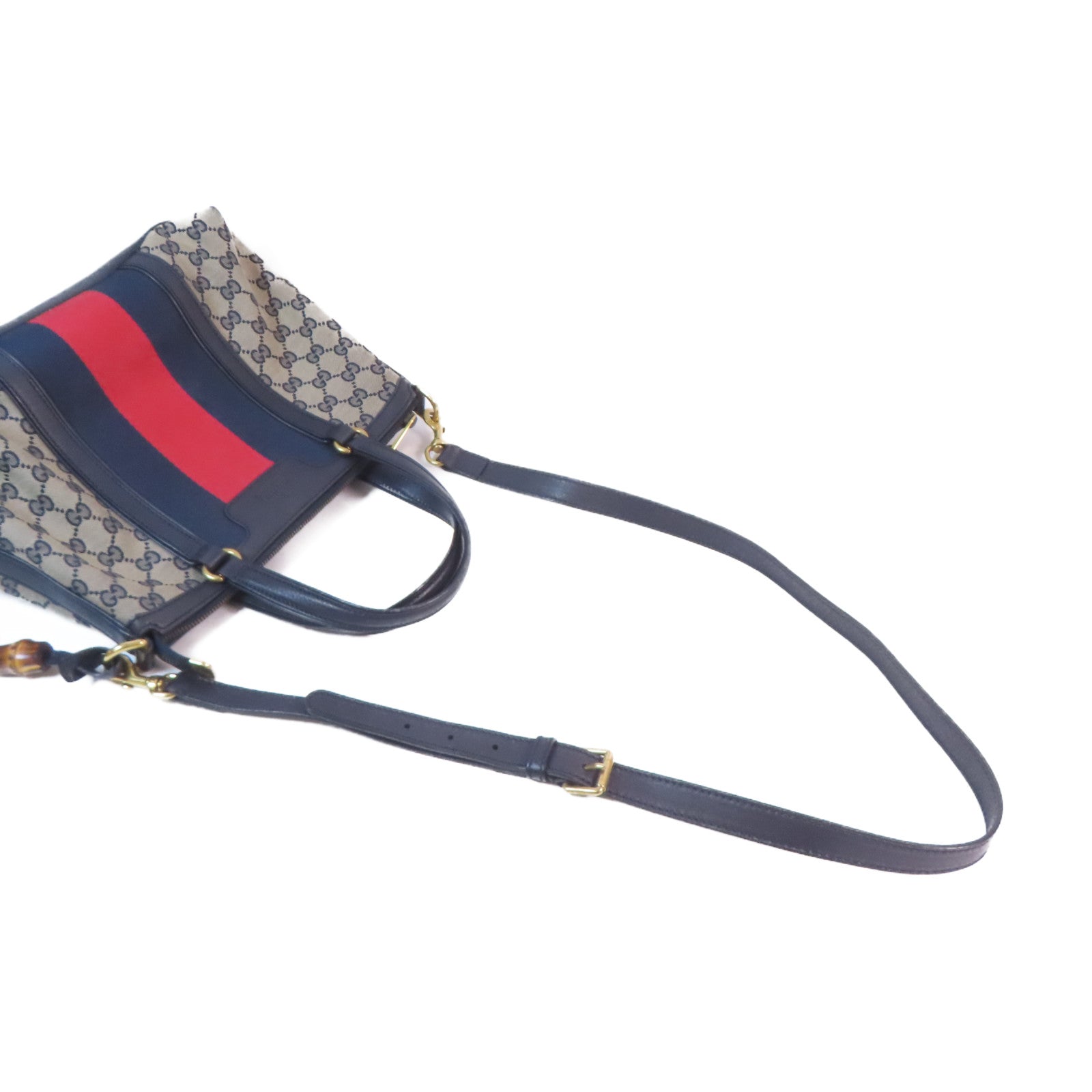 GUCCI 帆布Boston Bag金扣手挽肩背兩用袋啡色/深藍色