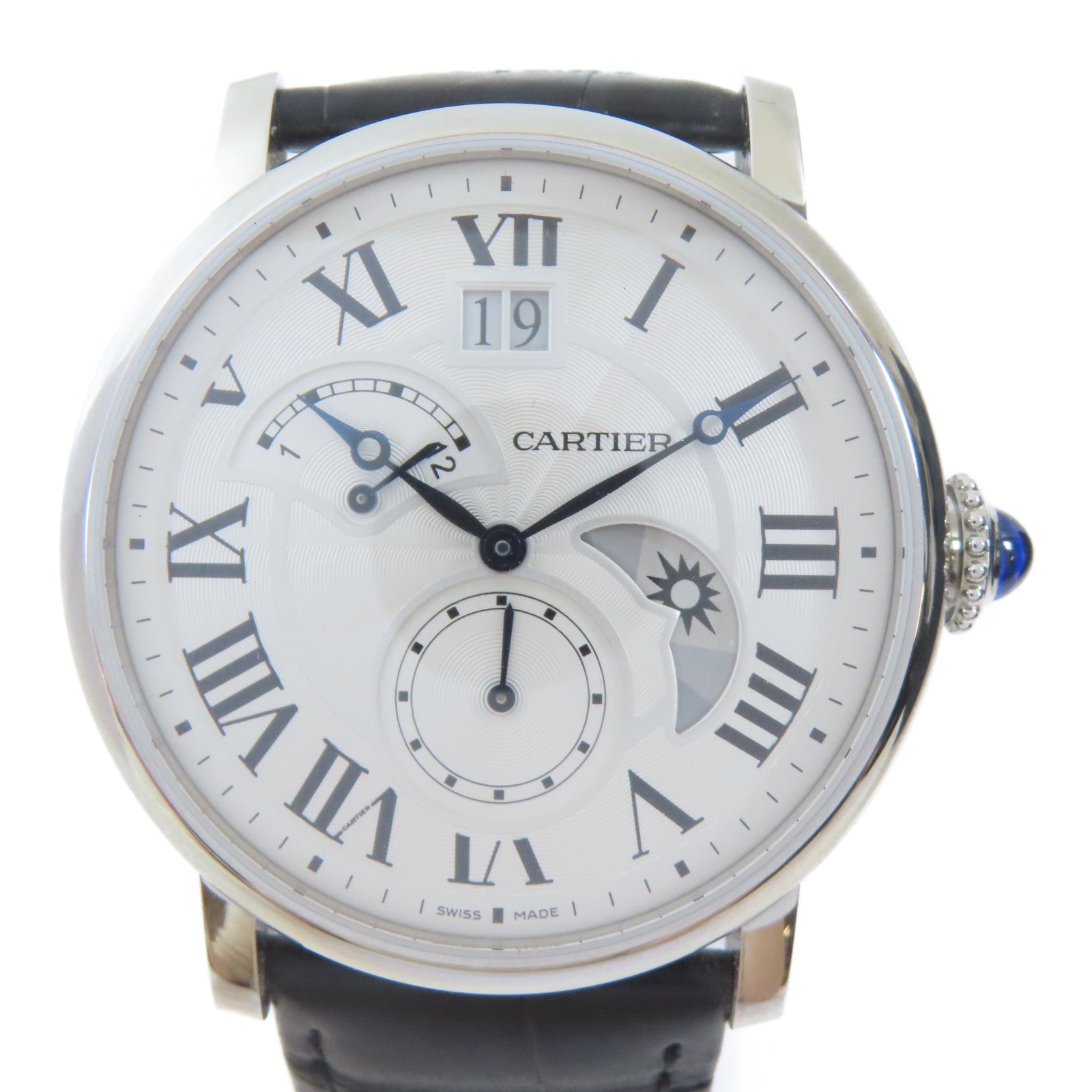 CARTIER Rotonde de Cartier不鏽鋼/皮革帶手錶自動機芯銀色