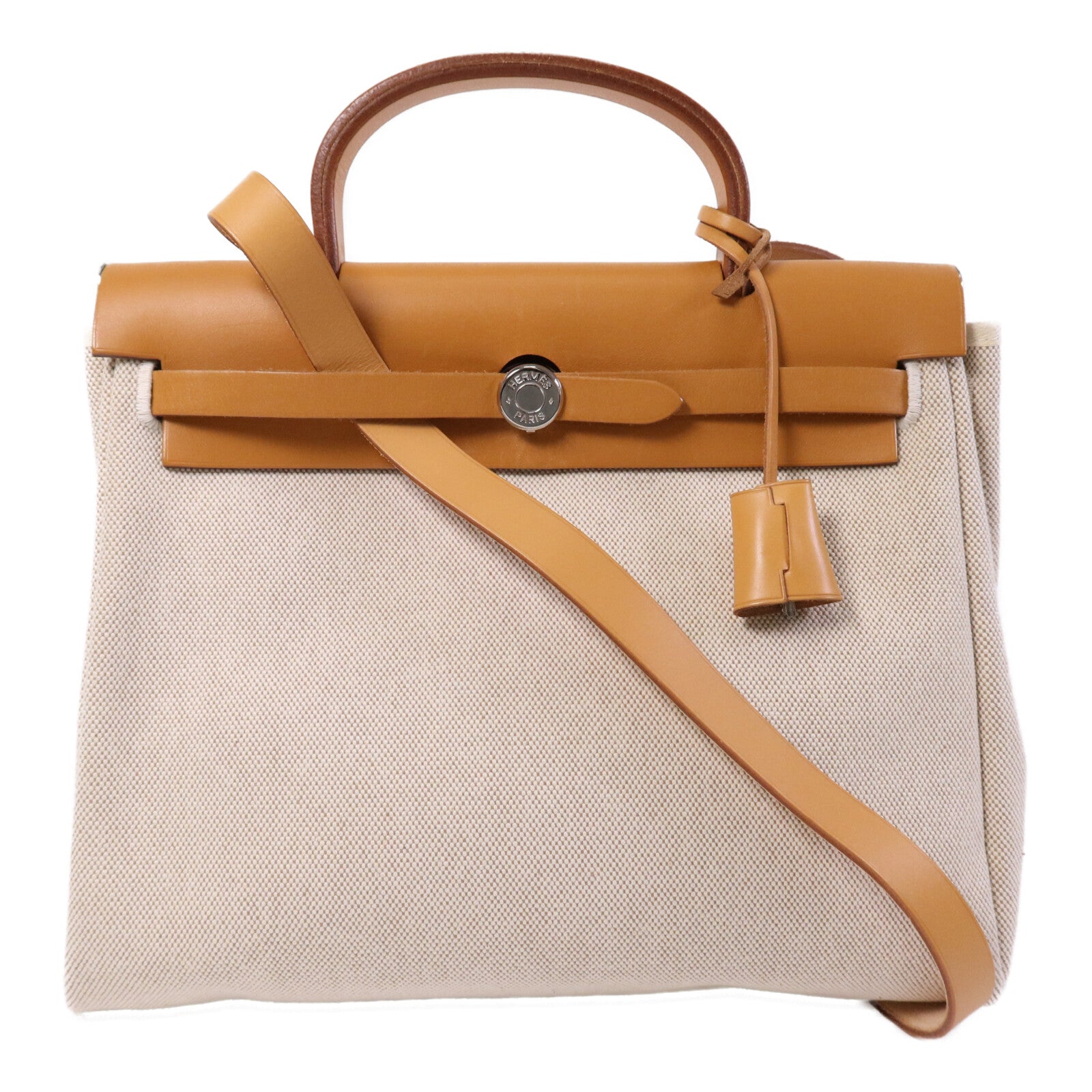 HERMES 帆布Herbag PM手挽肩背銀扣兩用袋Black/Beige