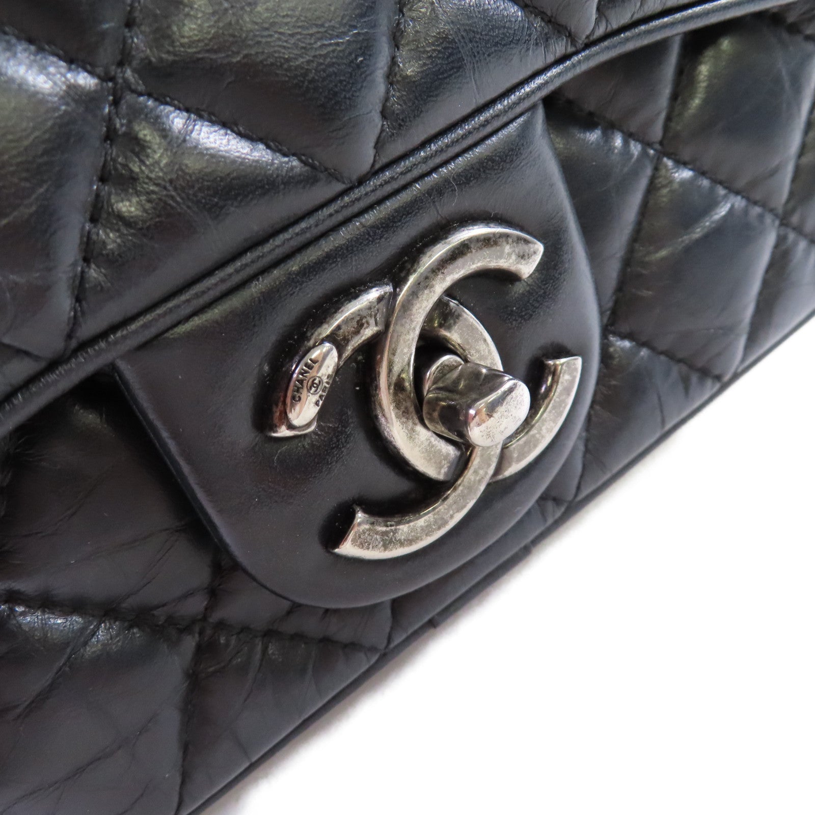 CHANEL 菱格牛皮皮革Chain Shoulder Bag銀扣鏈帶肩背袋黑色
