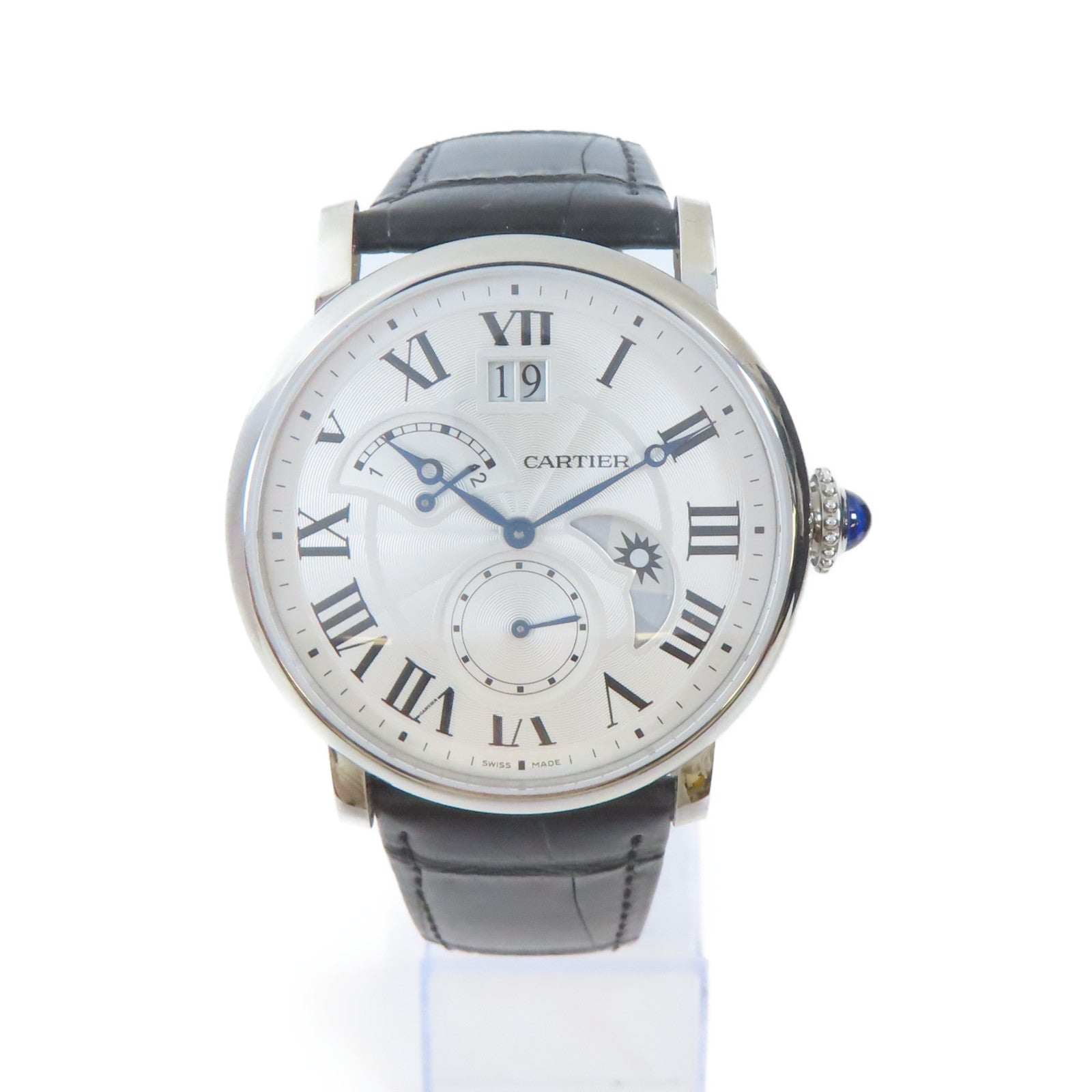 CARTIER Rotonde de Cartier不鏽鋼/皮革帶手錶自動機芯銀色