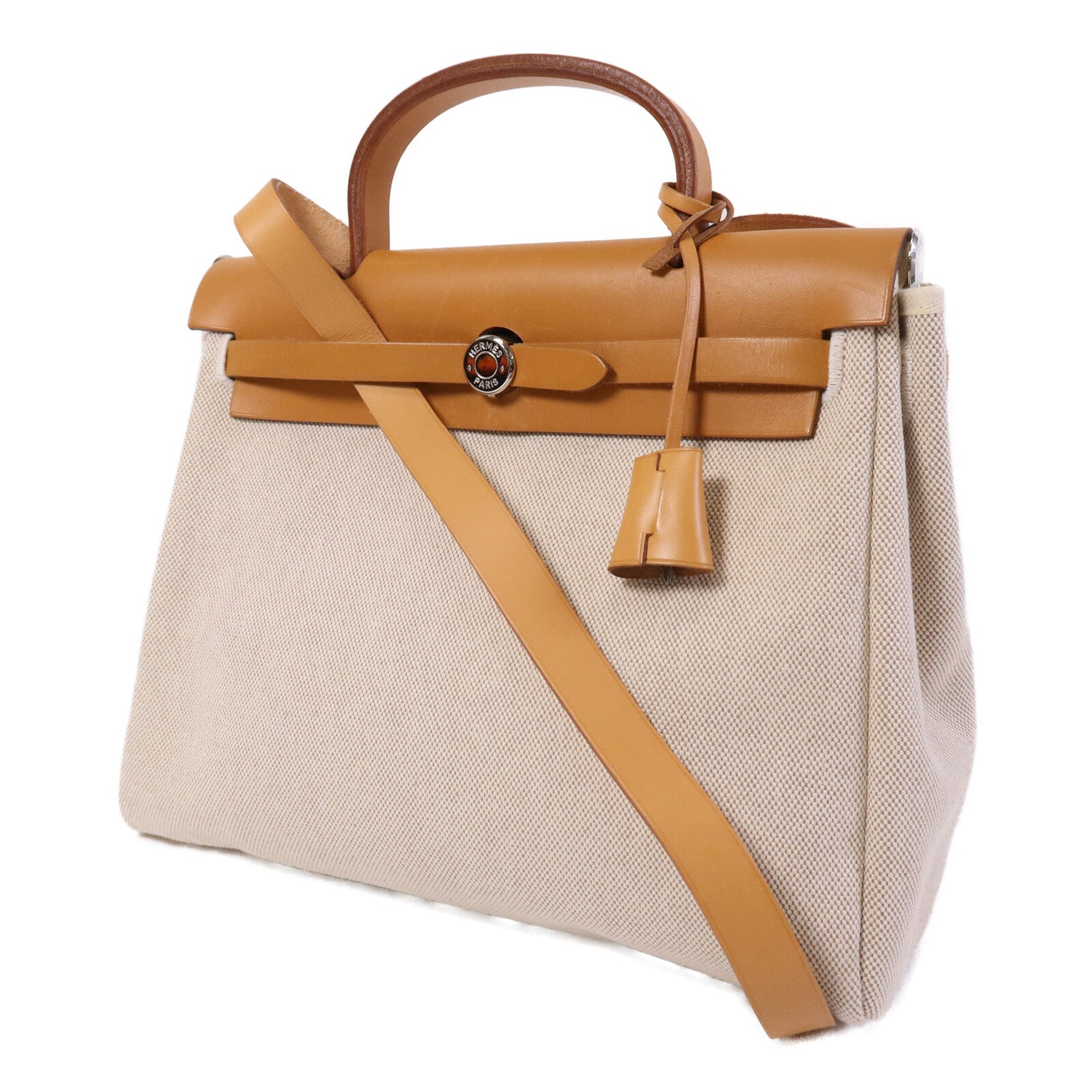 HERMES 帆布Herbag PM手挽肩背銀扣兩用袋Black/Beige
