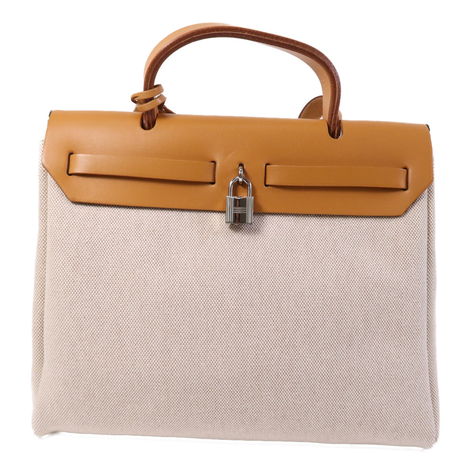 HERMES 帆布Herbag PM手挽肩背銀扣兩用袋Black/Beige