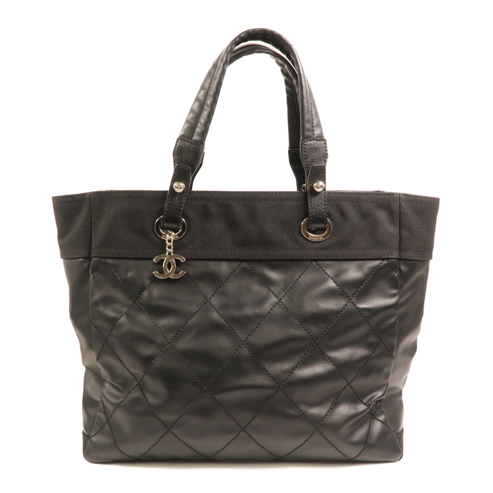 CHANEL 塗層帆布/尼龍Biarritz MM銀扣手挽袋