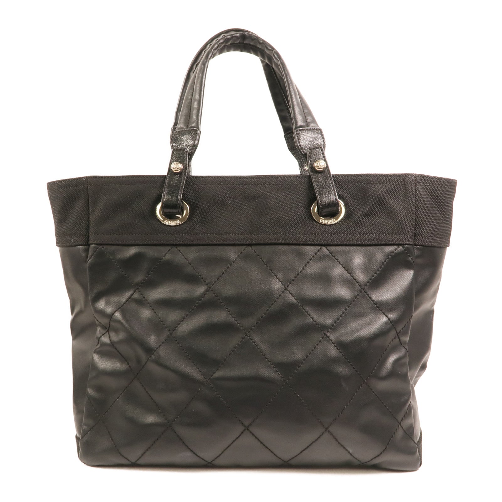 CHANEL 塗層帆布/尼龍Biarritz MM銀扣手挽袋