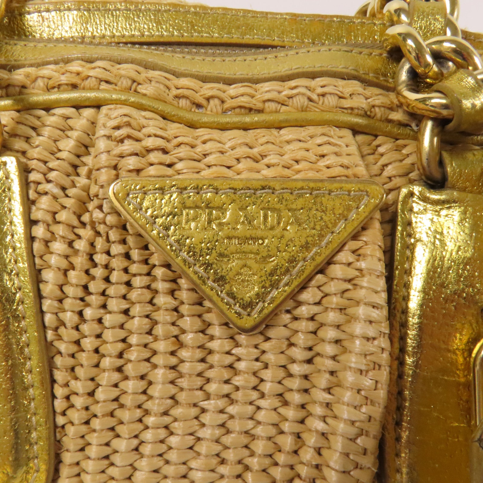 PRADA 牛皮皮革/Rattan Hand Bag金扣手挽袋