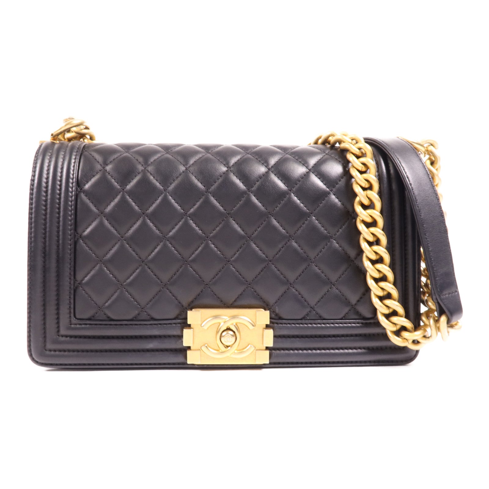 CHANEL 羊皮皮革Boy 25金扣鏈帶肩背袋