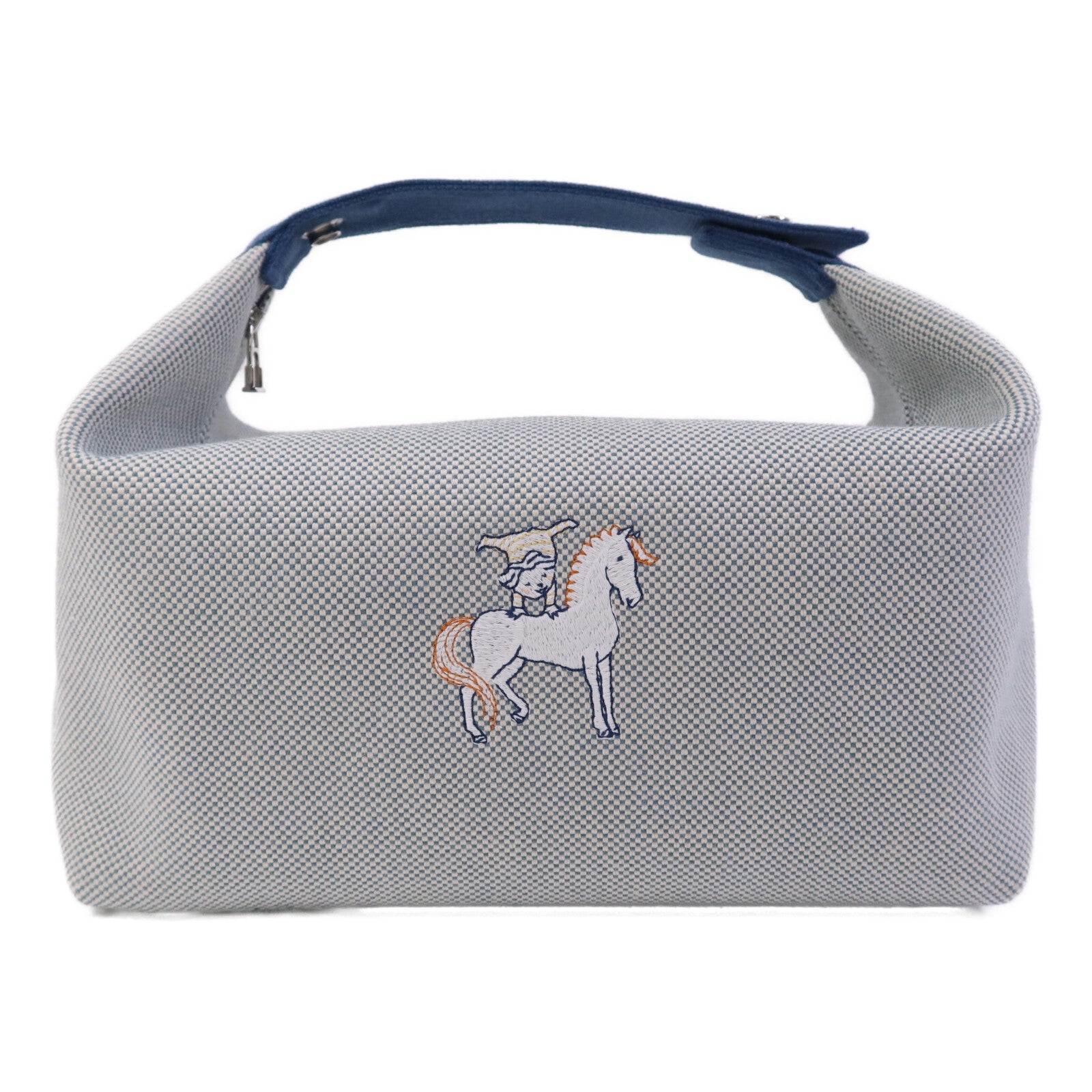 HERMES 帆布Bride-a-Brac Cabriole GM銀扣手挽袋Bleu Nattier