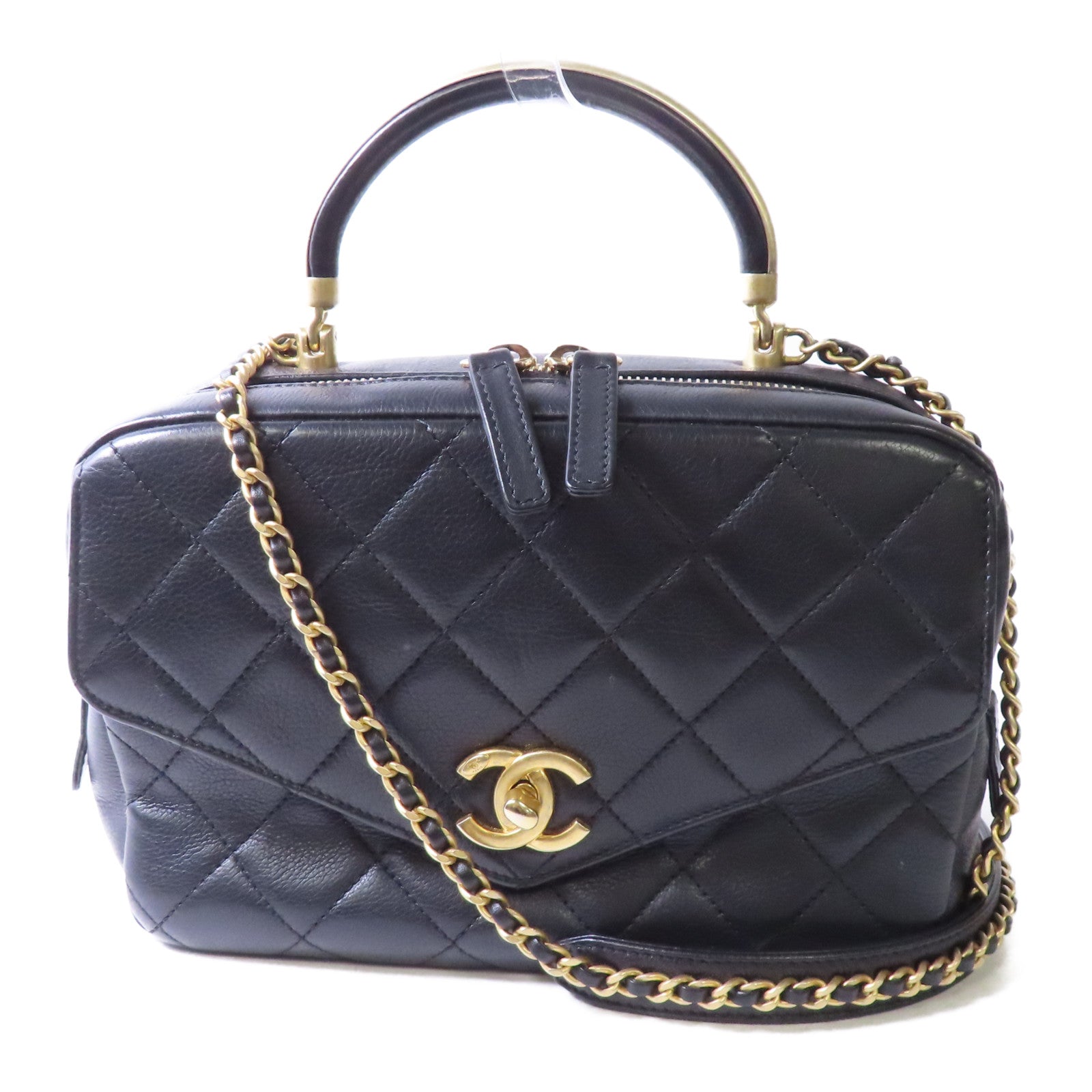 CHANEL 菱格牛皮皮革2way Shoulder Bag金扣鏈帶肩背袋黑色