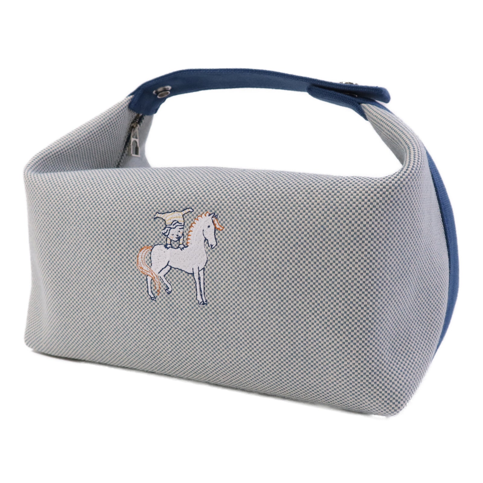 HERMES 帆布Bride-a-Brac Cabriole GM銀扣手挽袋Bleu Nattier