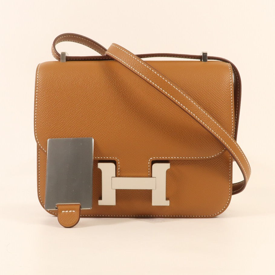 HERMES Epsom皮革Constance Mini銀扣肩背袋Gold
