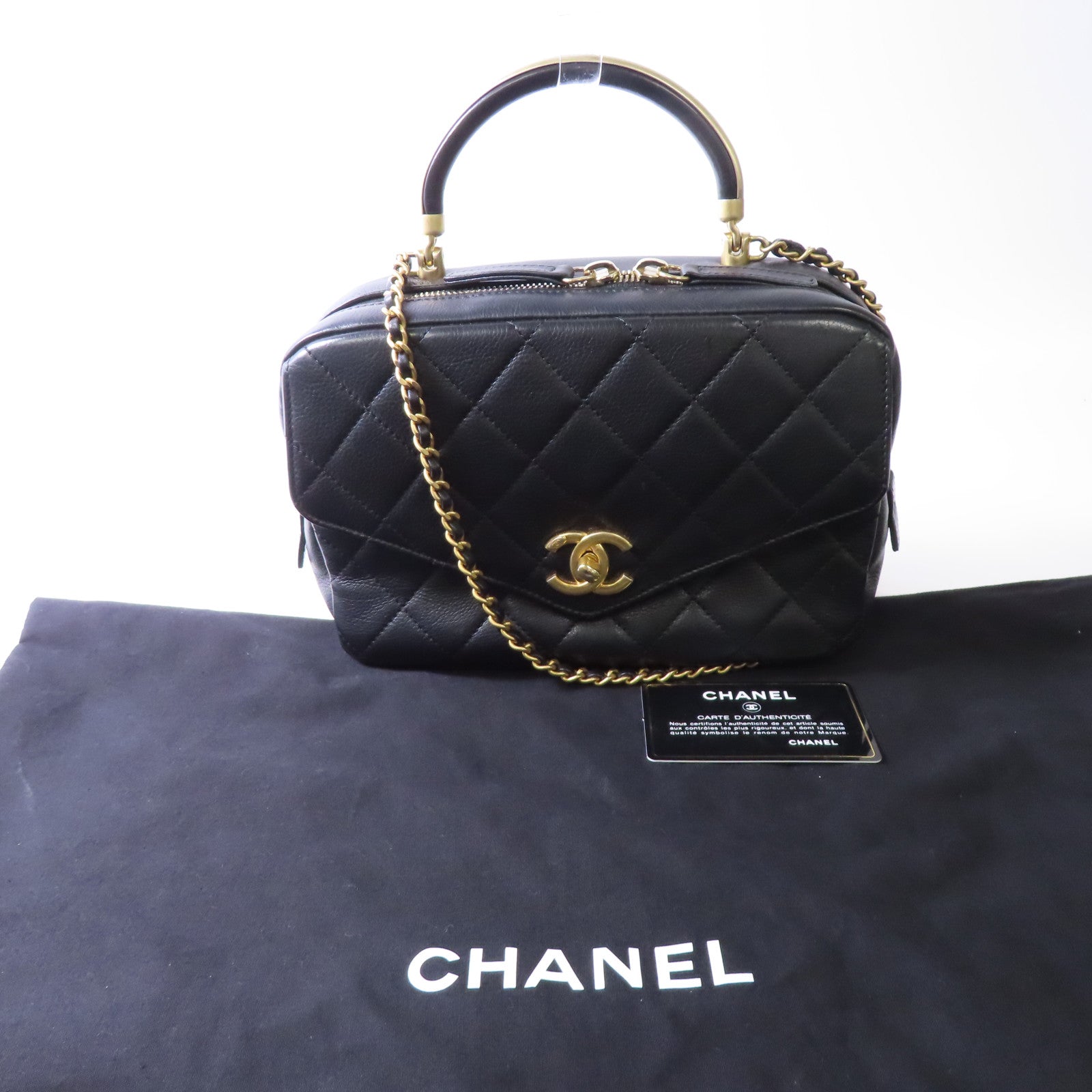 CHANEL 菱格牛皮皮革2way Shoulder Bag金扣鏈帶肩背袋黑色