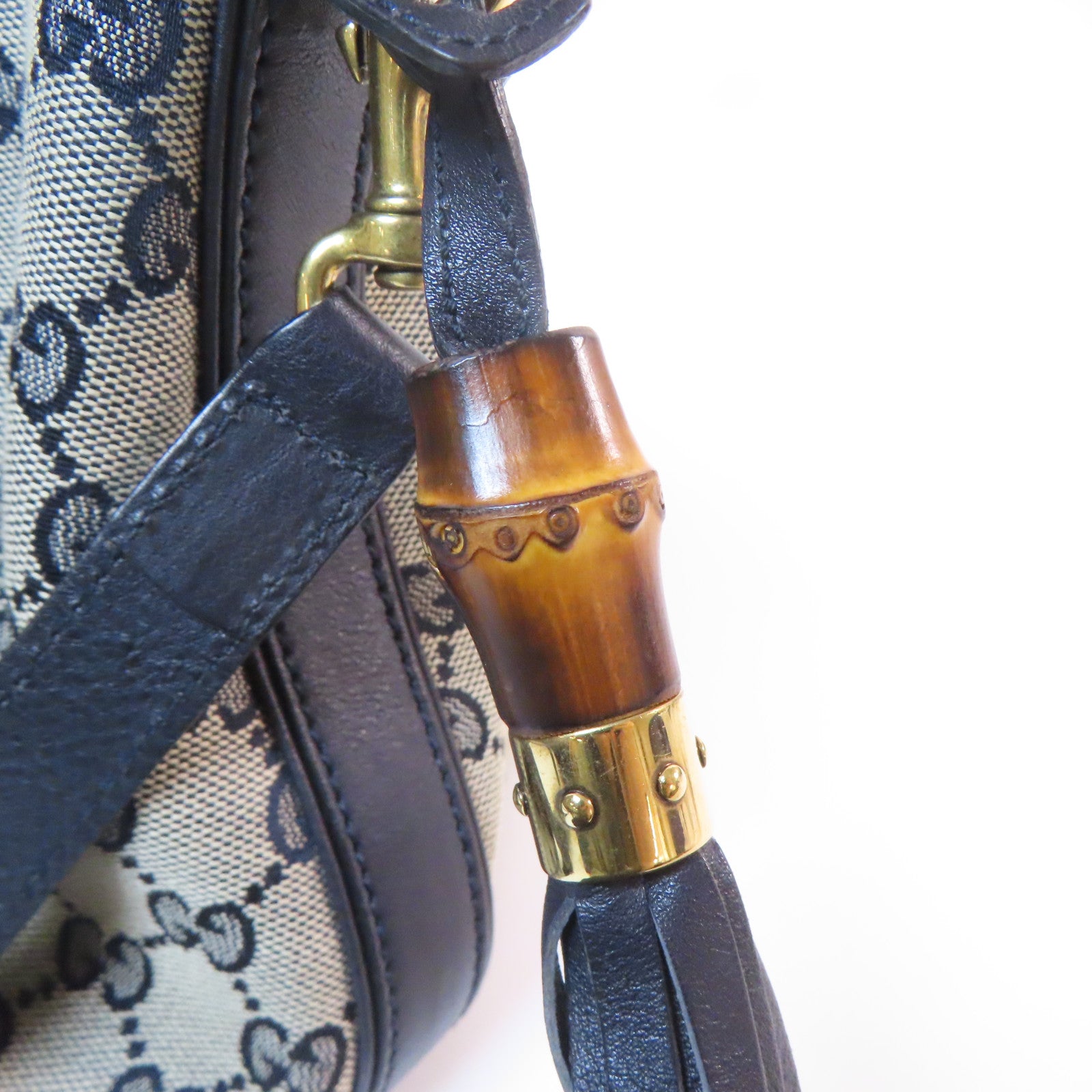 GUCCI 帆布Boston Bag金扣手挽肩背兩用袋啡色/深藍色