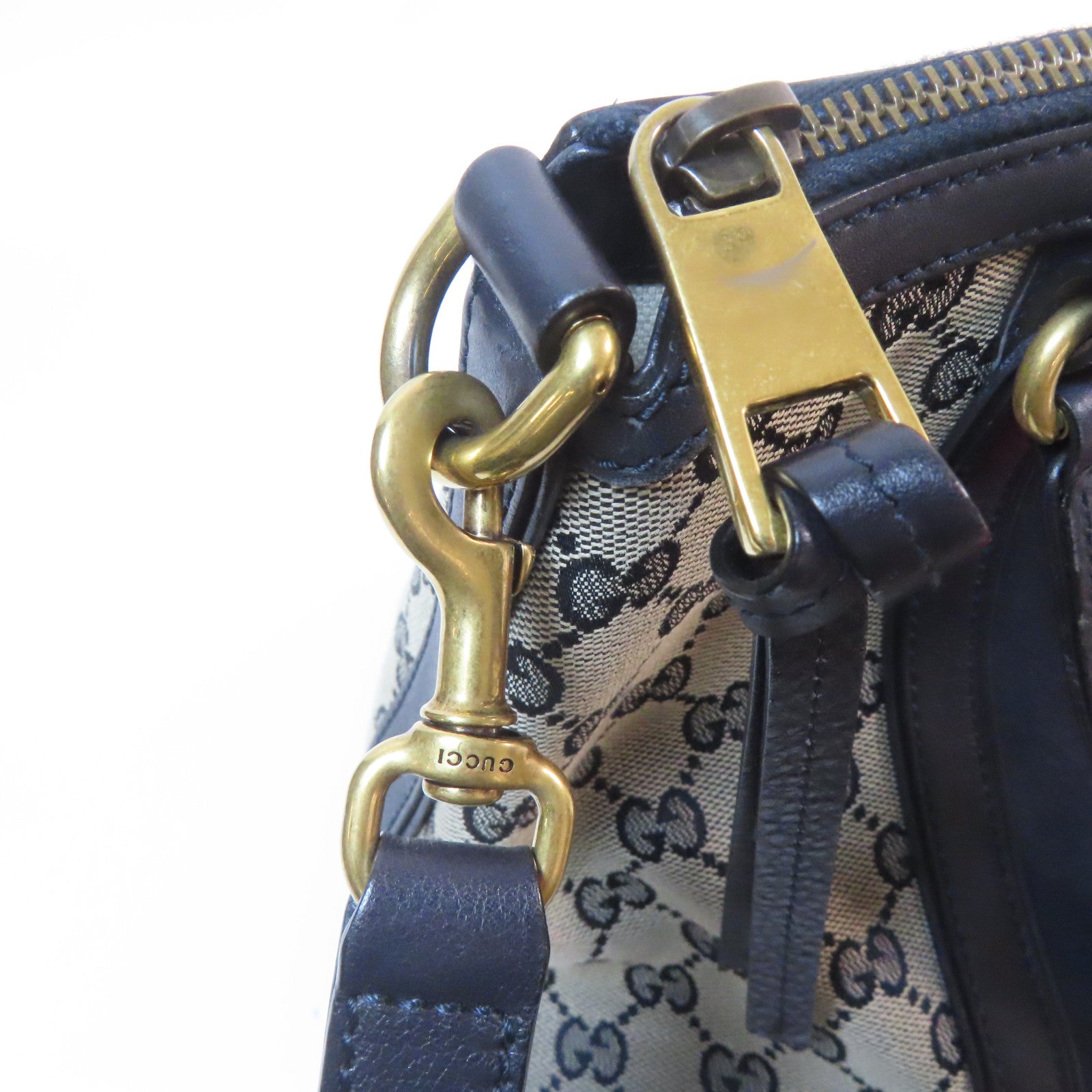GUCCI 帆布Boston Bag金扣手挽肩背兩用袋啡色/深藍色