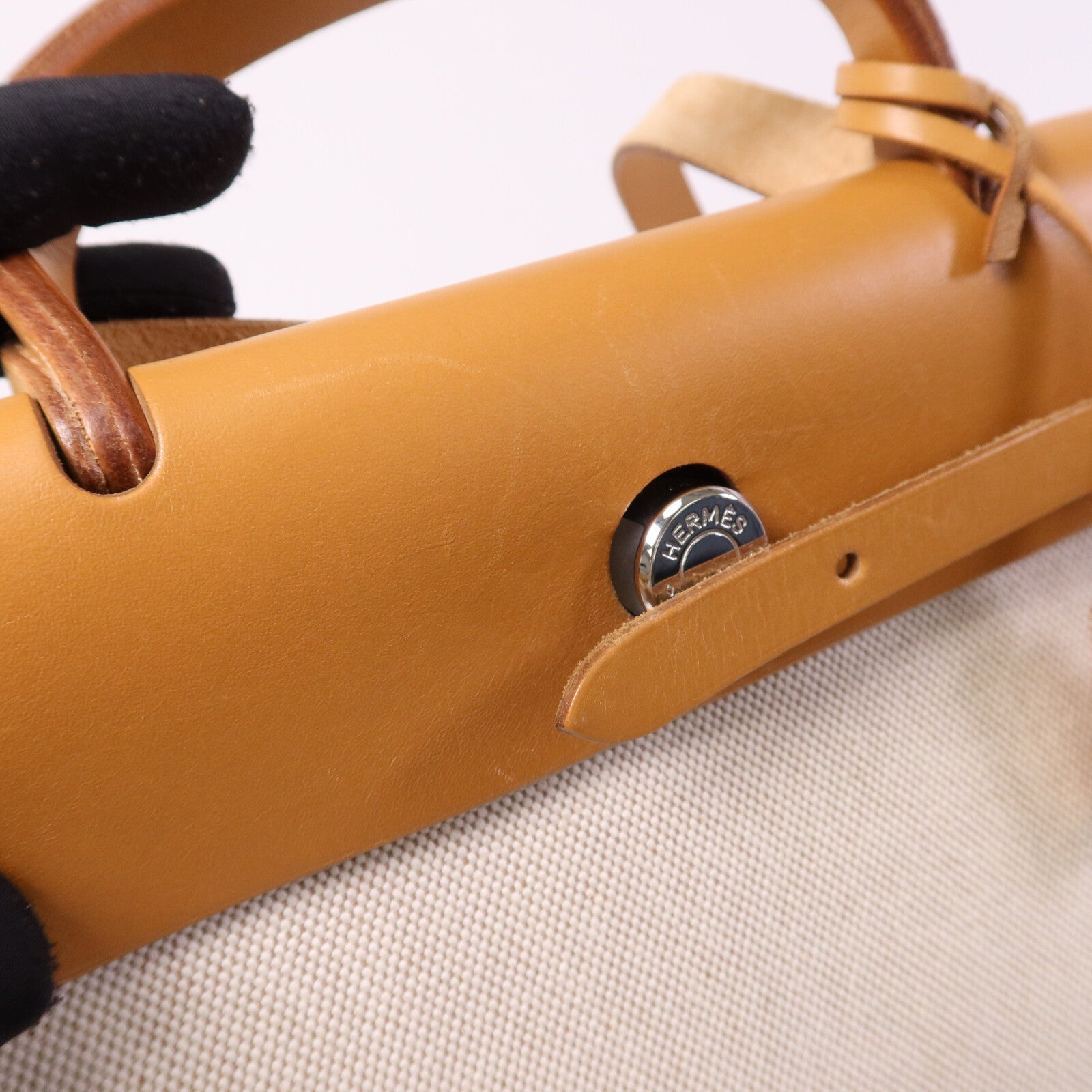 HERMES 帆布Herbag PM手挽肩背銀扣兩用袋Black/Beige