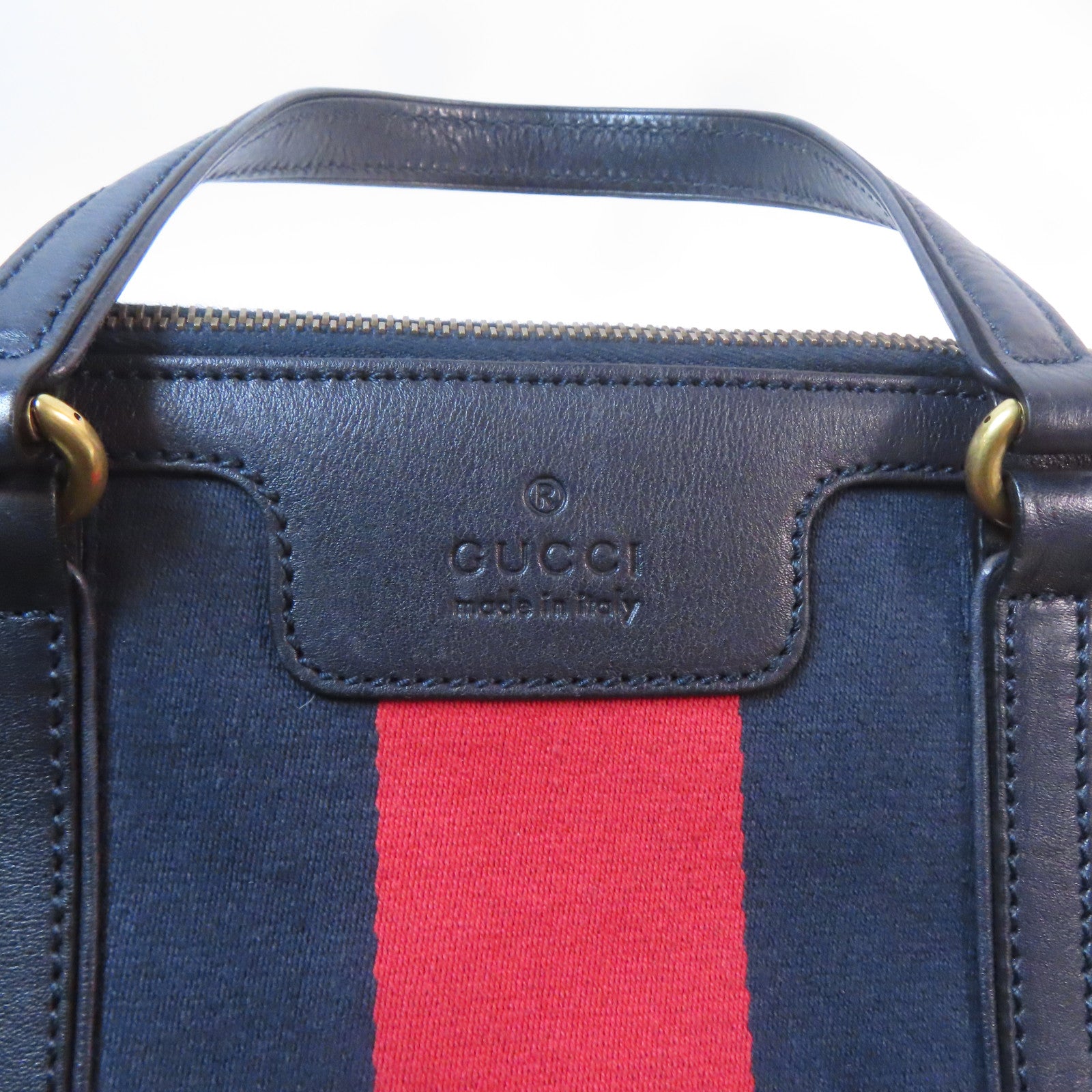 GUCCI 帆布Boston Bag金扣手挽肩背兩用袋啡色/深藍色