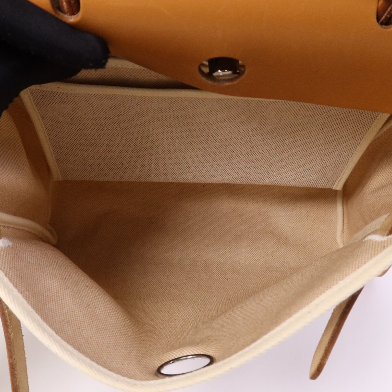 HERMES 帆布Herbag PM手挽肩背銀扣兩用袋Black/Beige