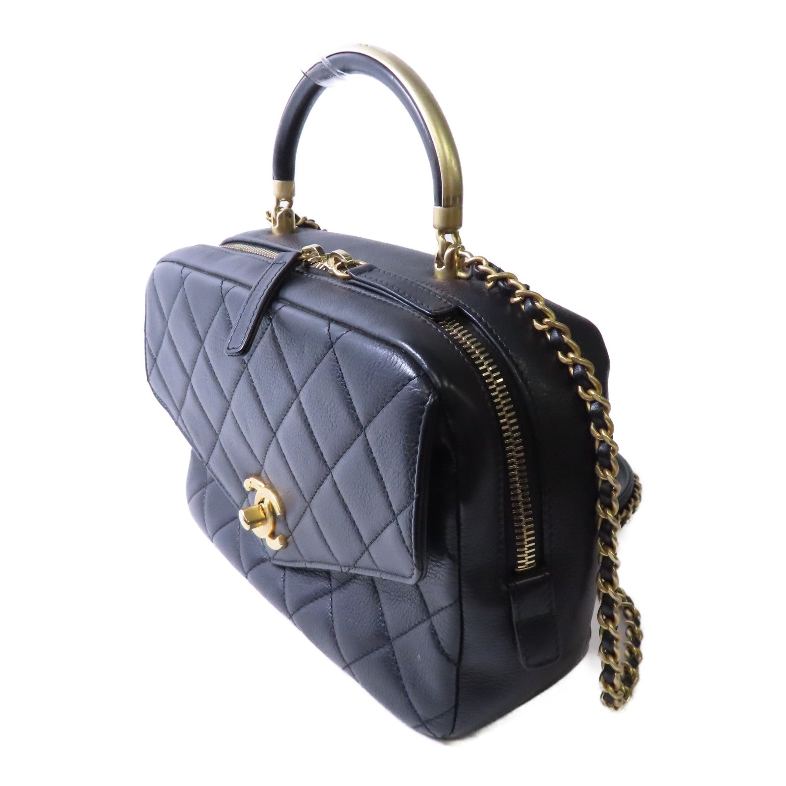 CHANEL 菱格牛皮皮革2way Shoulder Bag金扣鏈帶肩背袋黑色