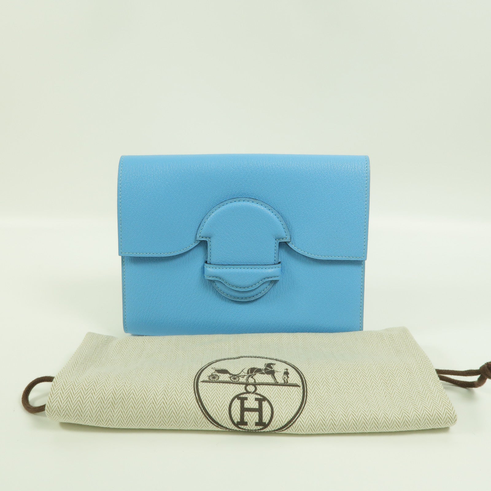 HERMES Chevre皮革1938-19 Compact Wallet Clutch手拿包Bleu Jean