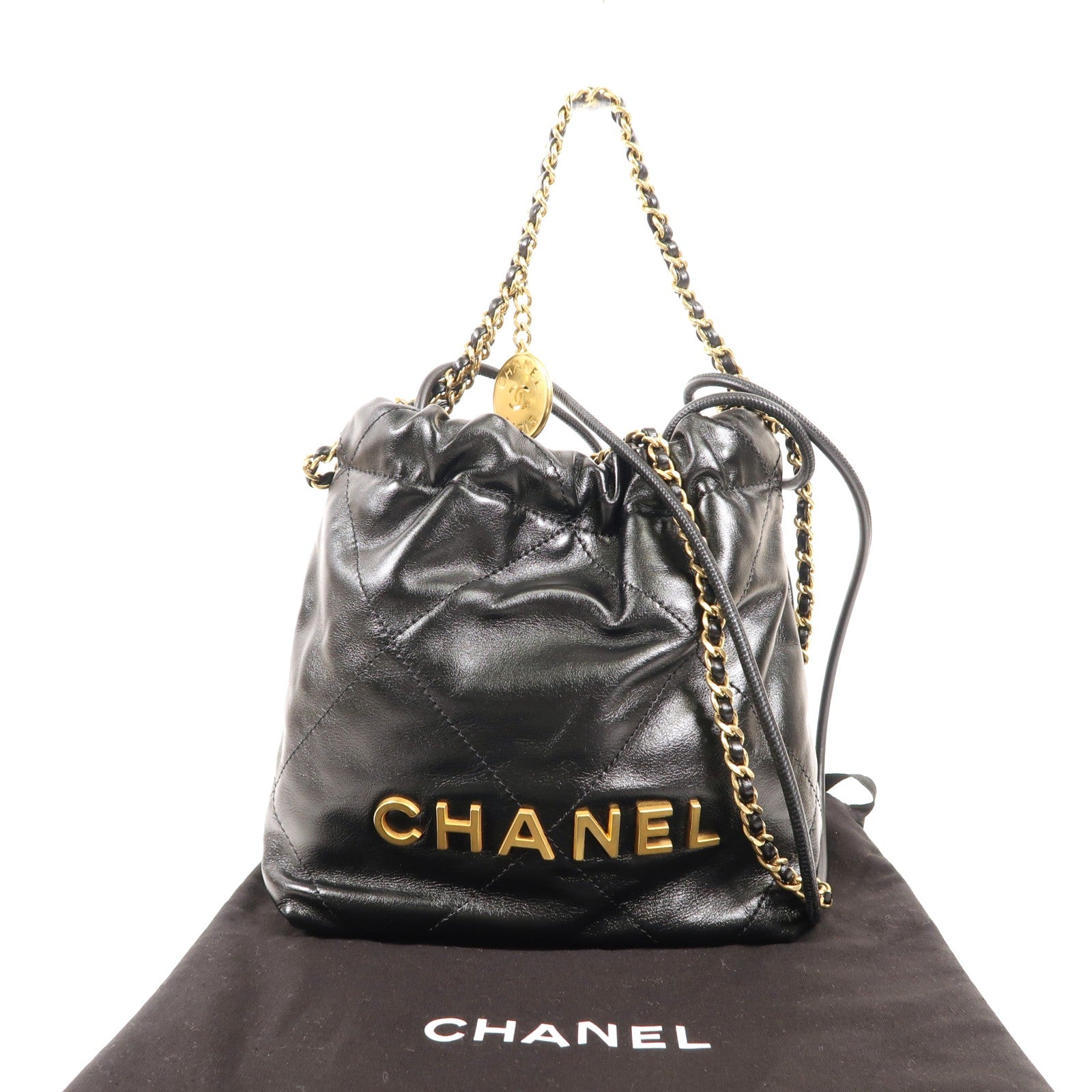 CHANEL 皮革C22 Mini金扣鏈帶手挽肩背兩用袋