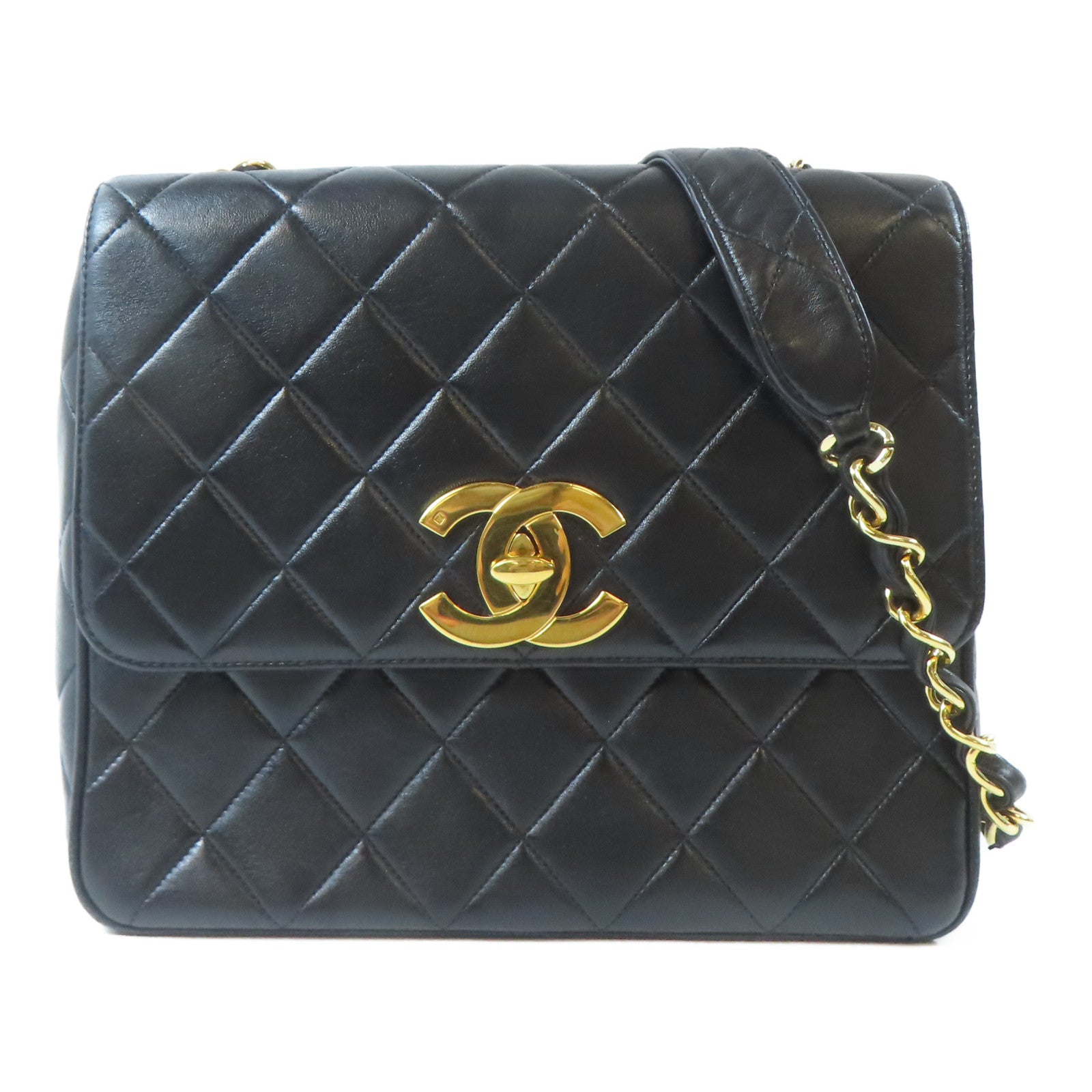 CHANEL 菱格牛皮皮革Vintage Chain Shoulder Bag金扣鏈帶肩背袋黑色