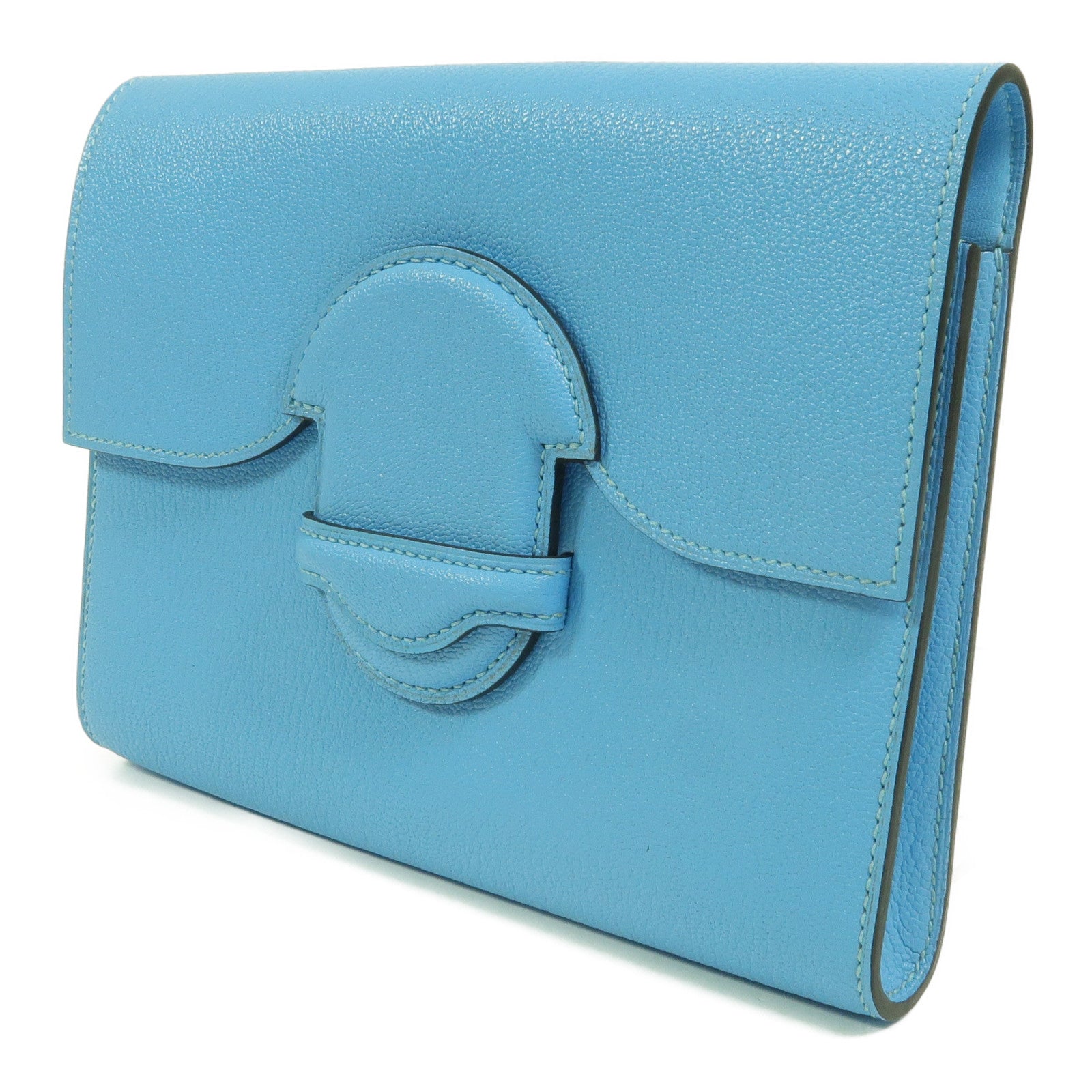 HERMES Chevre皮革1938-19 Compact Wallet Clutch手拿包Bleu Jean