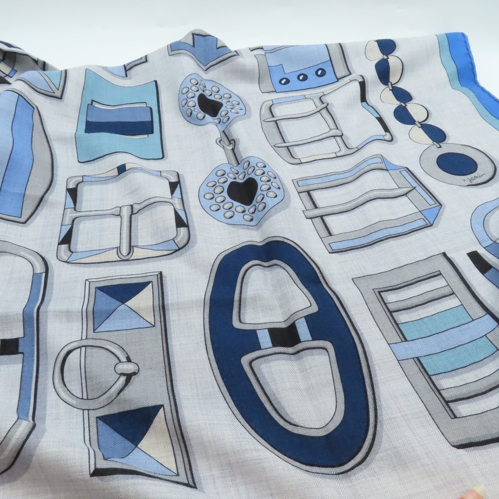 HERMES Cashmere/絲質 Scarf圍巾灰色/藍色