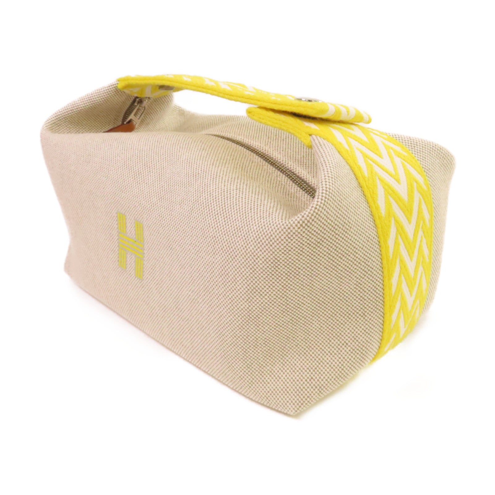 HERMES H Plume帆布Bride A Brac small Hand Bag銀扣手挽袋米色/黃色