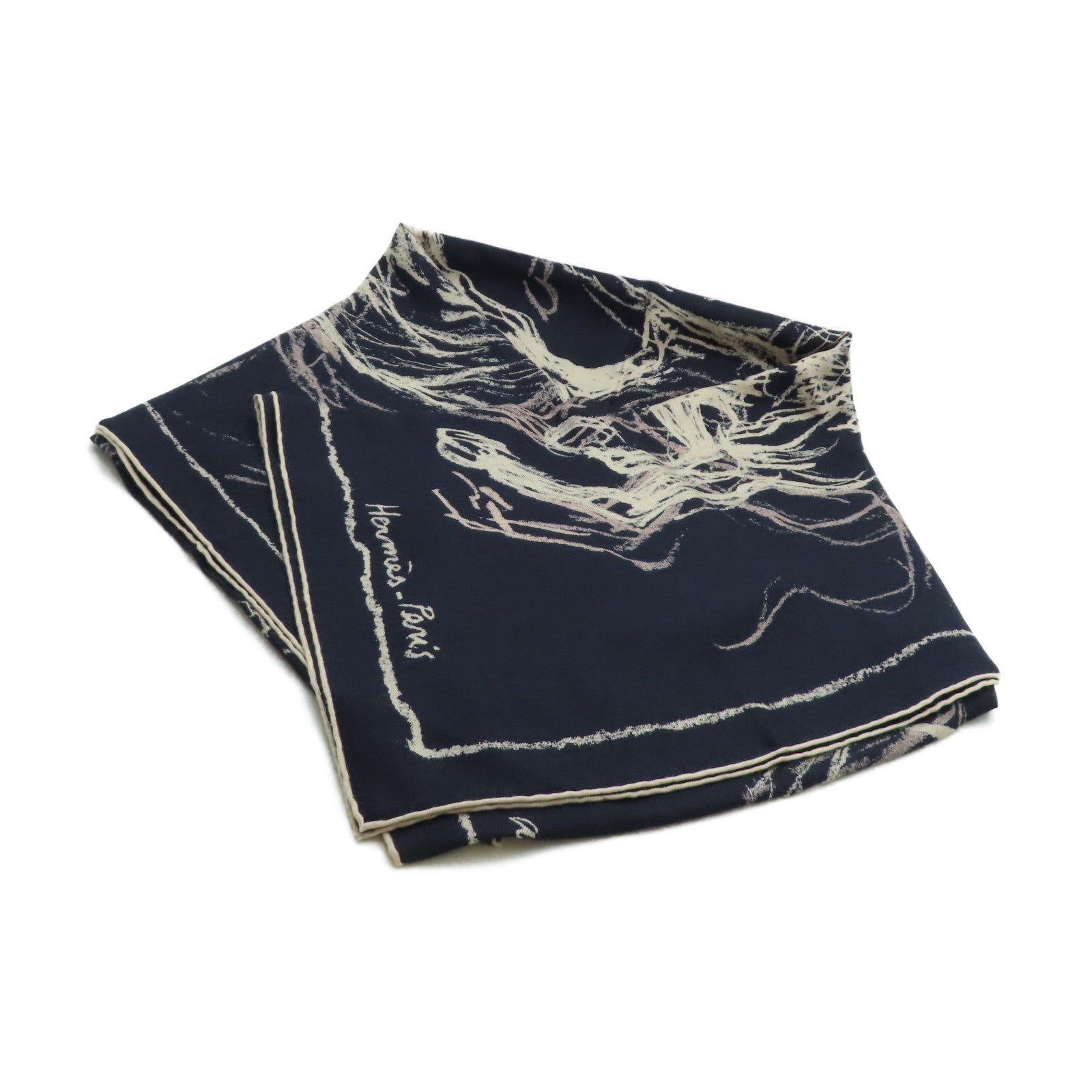 HERMES Cashmere/絲質 Scarf圍巾深藍色/啡色