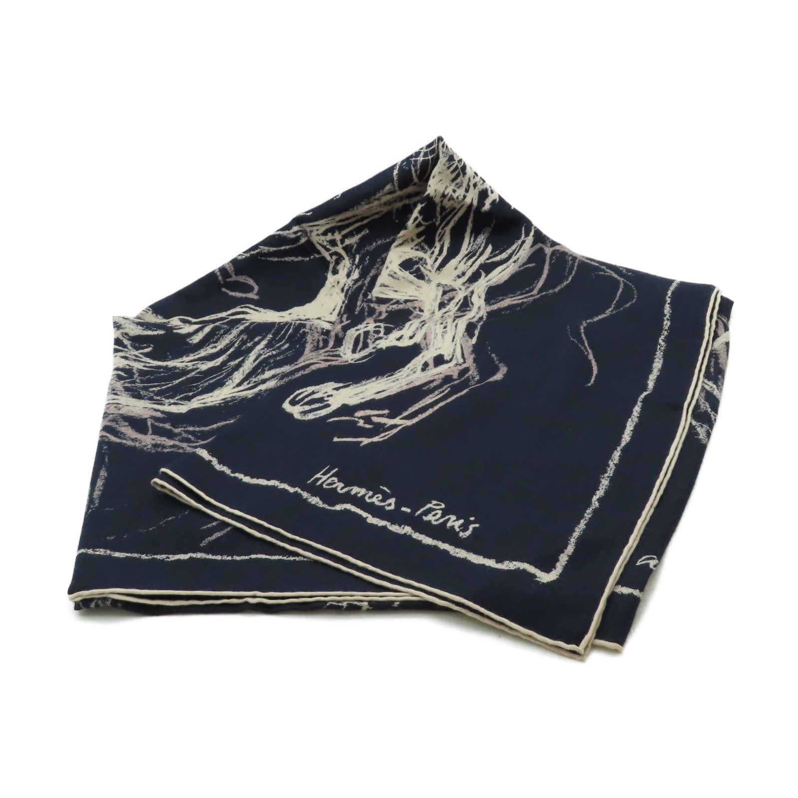 HERMES Cashmere/絲質 Scarf圍巾深藍色/啡色