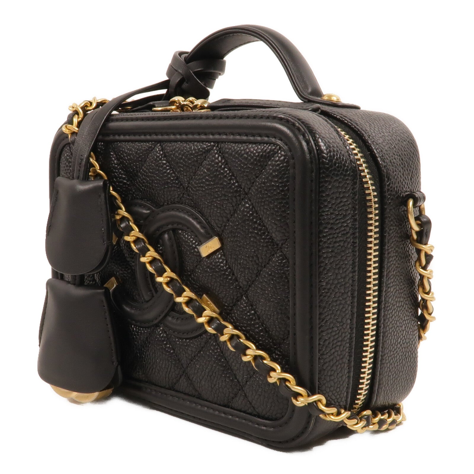 CHANEL 牛皮皮革Filigree Vanity Case鏈帶手挽肩背兩用袋