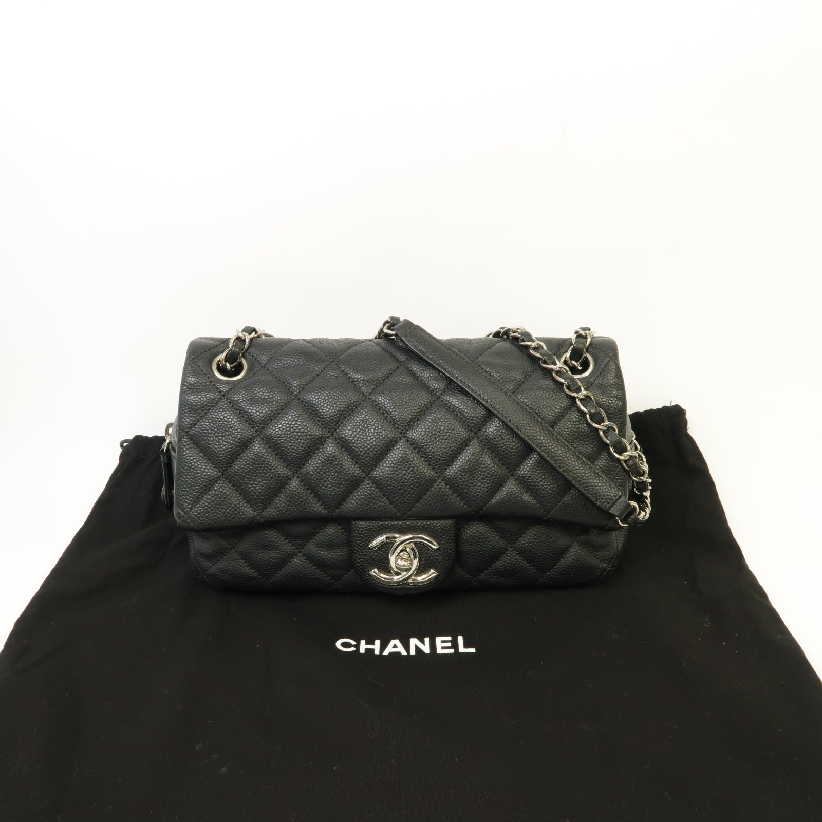CHANEL 菱格Caviar皮革Chain Shoulder Bag銀扣鏈帶肩背袋黒色