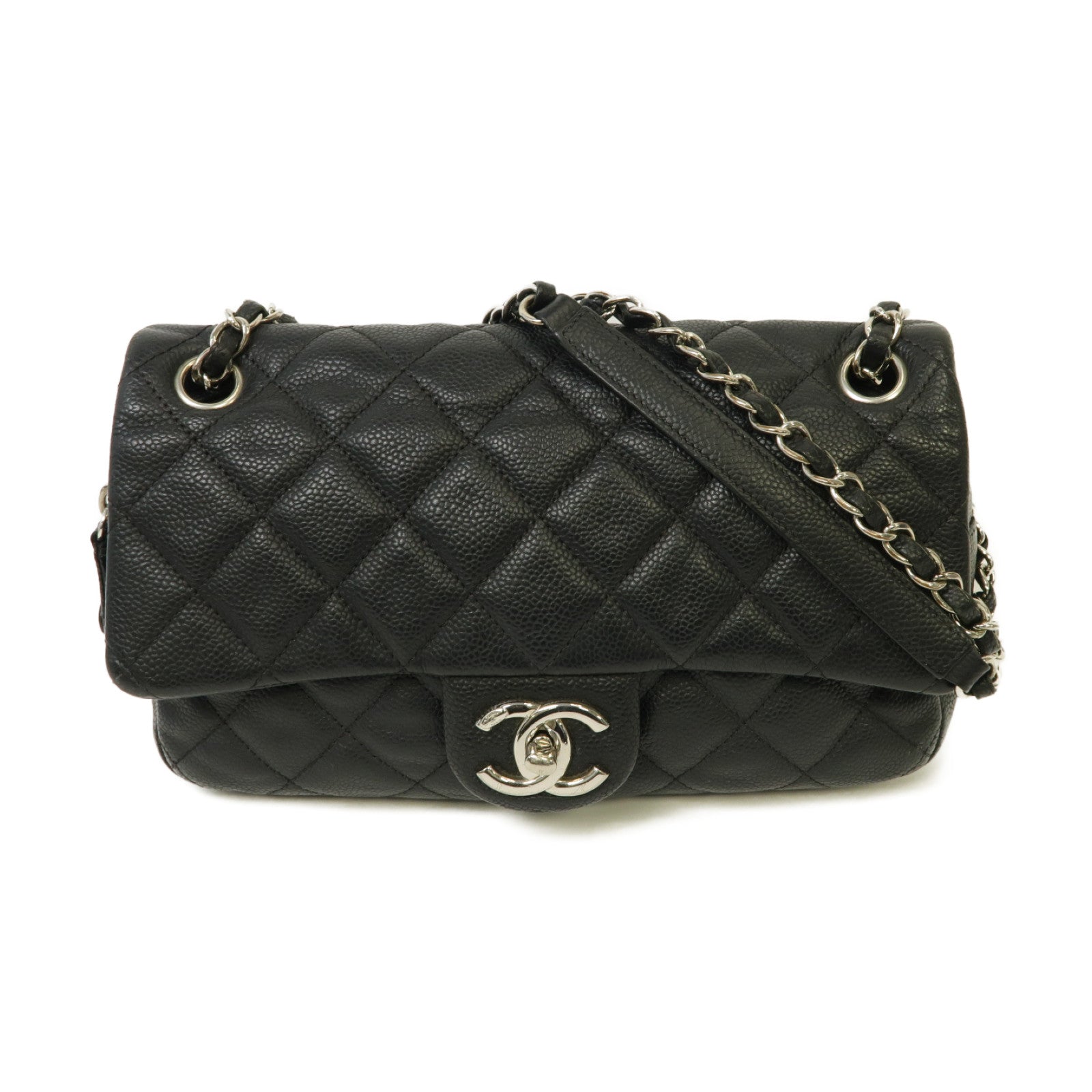CHANEL 菱格Caviar皮革Chain Shoulder Bag銀扣鏈帶肩背袋黒色