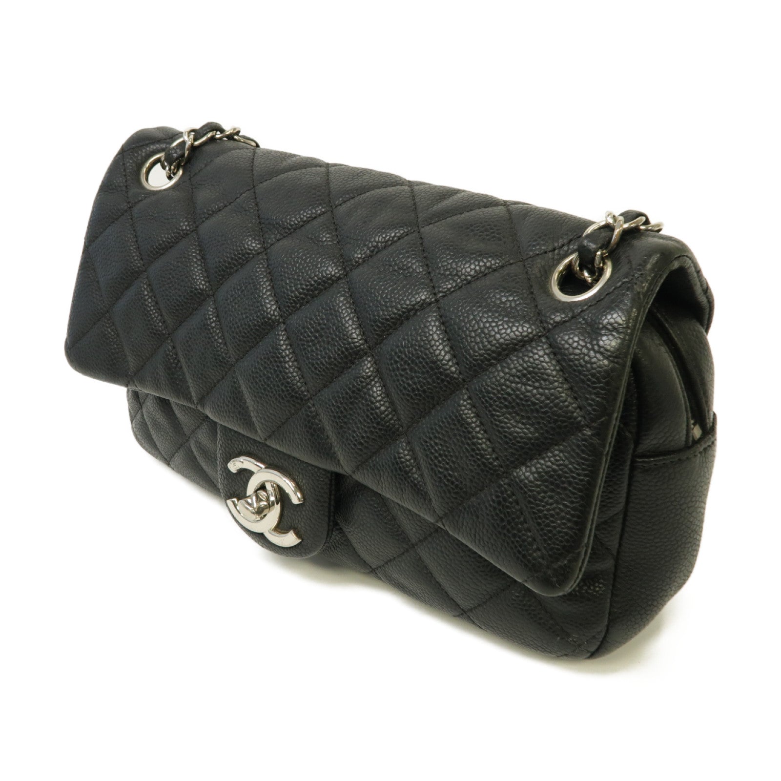 CHANEL 菱格Caviar皮革Chain Shoulder Bag銀扣鏈帶肩背袋黒色