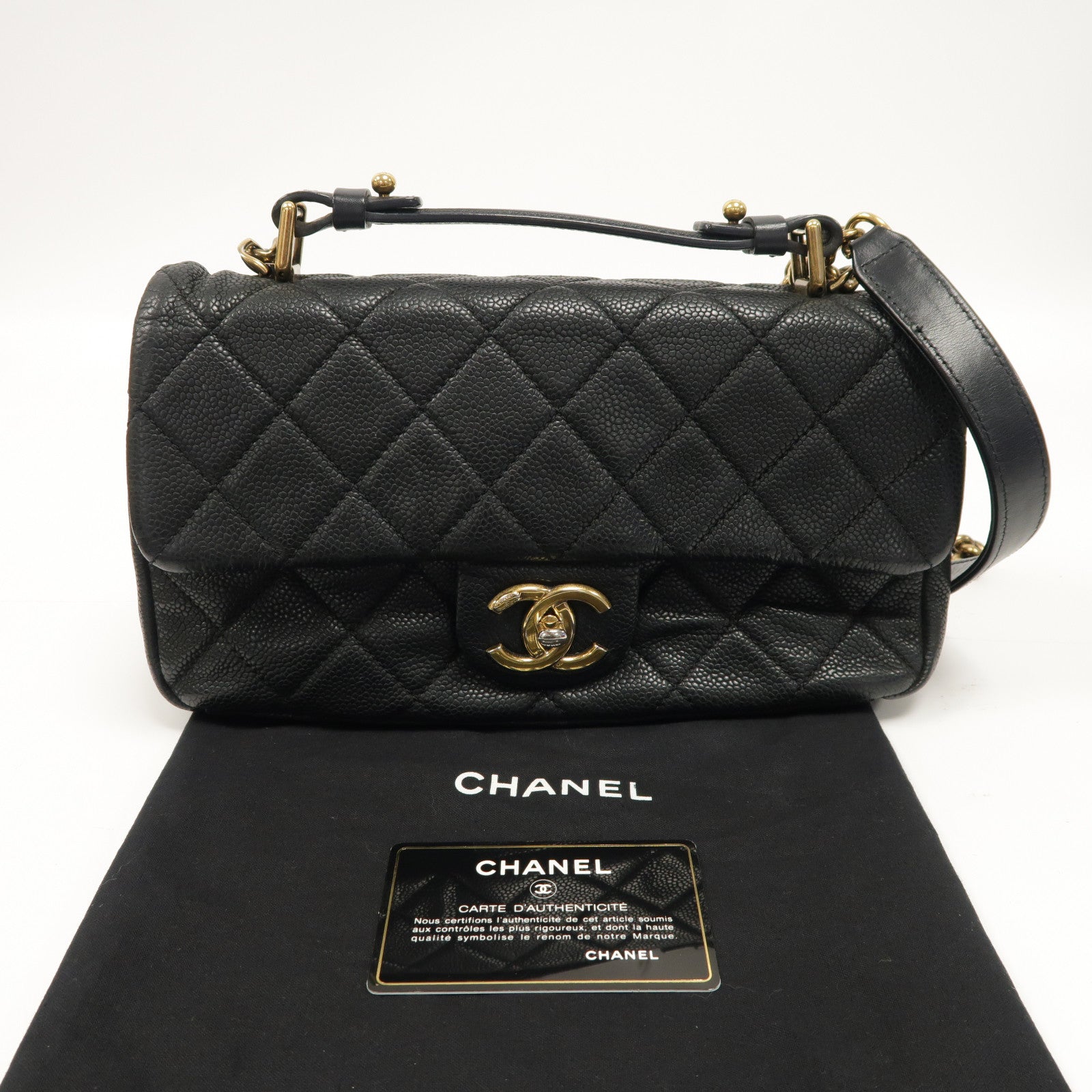 CHANEL 菱格牛皮皮革Chain Shoulder Bag金扣手挽肩背兩用袋黑色