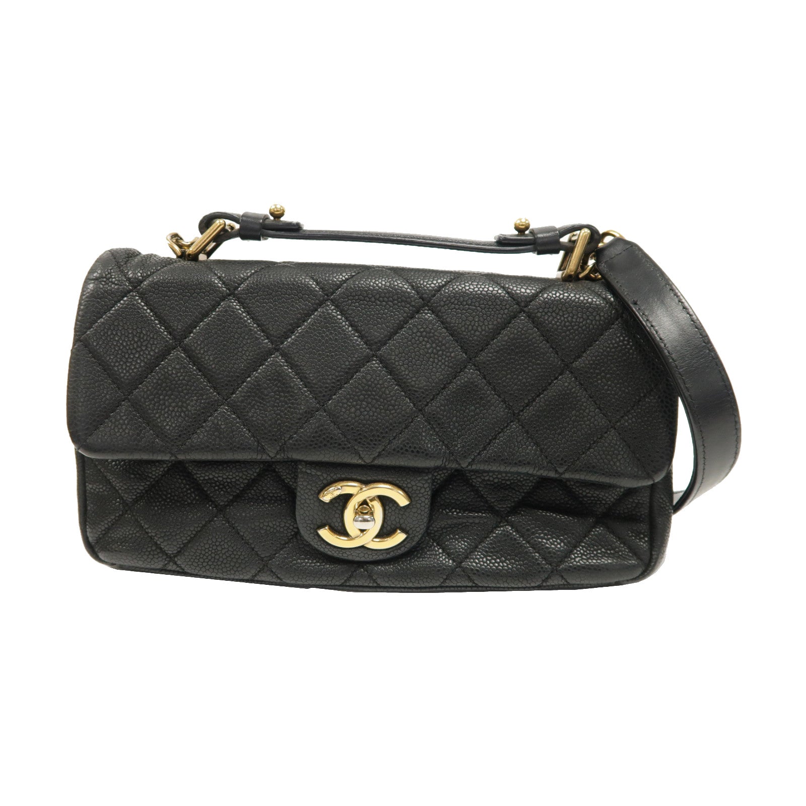 CHANEL 菱格牛皮皮革Chain Shoulder Bag金扣手挽肩背兩用袋黑色