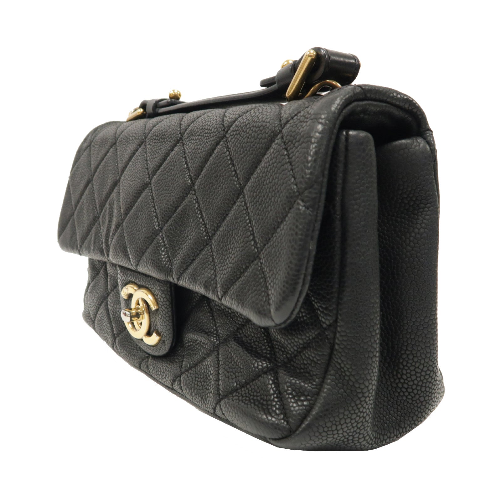 CHANEL 菱格牛皮皮革Chain Shoulder Bag金扣手挽肩背兩用袋黑色